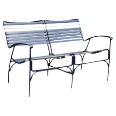 Vintage Mid Century Modern Faux Bamboo Aluminum Vinyl Strap Blue Patio Loveseat