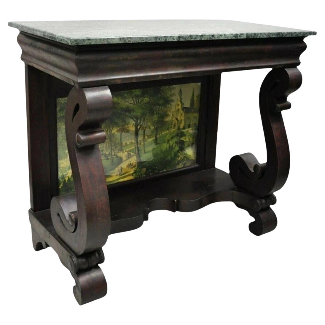 Antique American Empire Mahogany Green Marble Top Console Hall Table For Sale