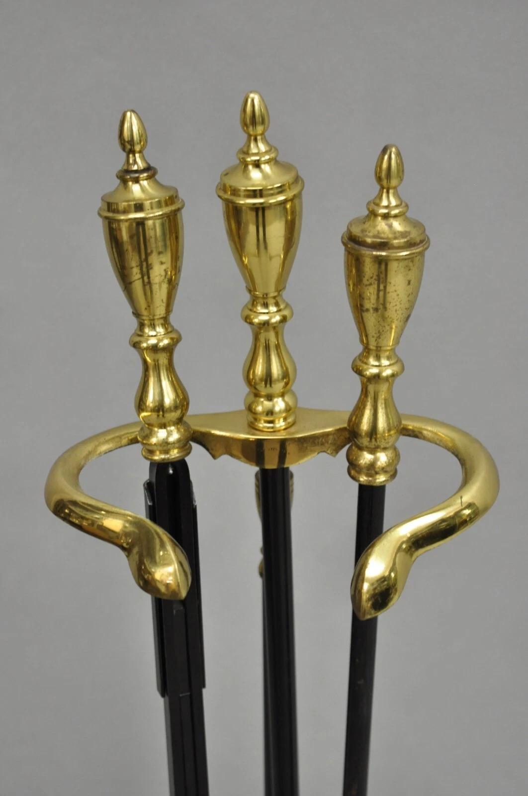 Unknown Vintage Federal Style Brass Urn Finial Cast Iron Fireplace Tool Set - 4 Pc Set For Sale