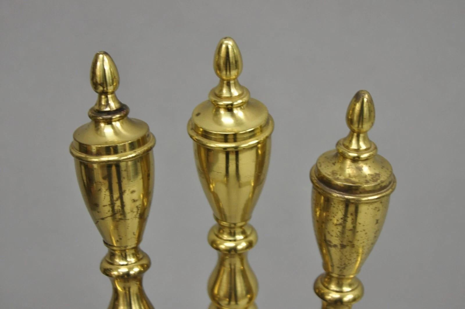Vintage Federal Style Brass Urn Finial Cast Iron Fireplace Tool Set - 4 Pc Set For Sale 4