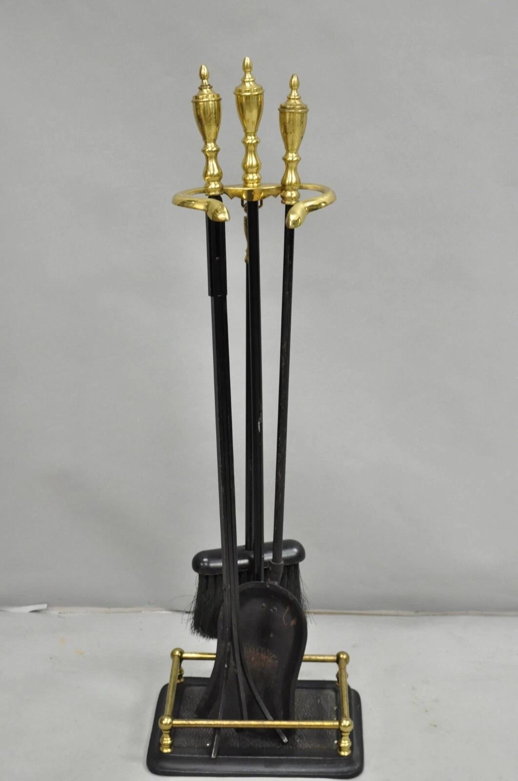 Vintage Federal Style Brass Urn Finial Cast Iron Fireplace Tool Set - 4 Pc Set For Sale 7