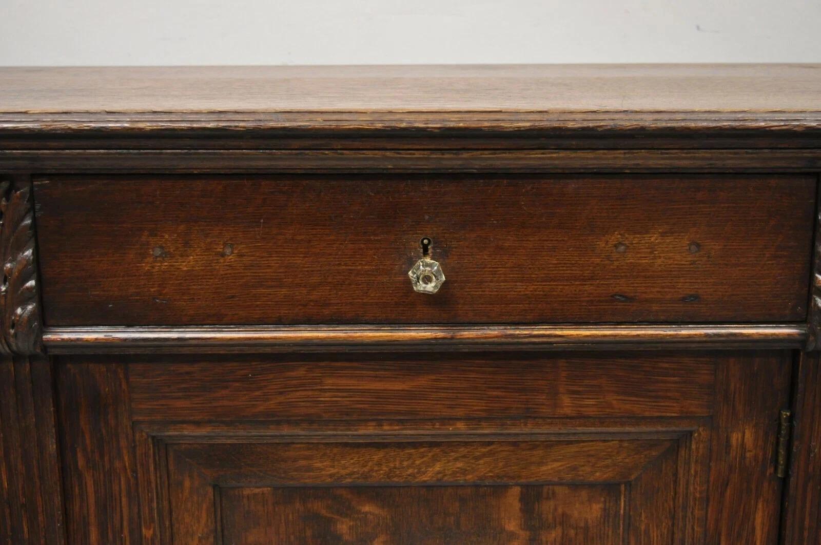 Antique French Renaissance Oak Wood Sideboard Buffet Console Table Cabinet In Good Condition For Sale In Philadelphia, PA