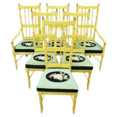 Vintage Thomasville Hollywood Regency Yellow Faux Bamboo Dining Chair - Set of 6