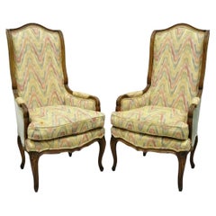 Vintage French Country Provincial High Back Walnut Arm Chairs (A) - a Pair