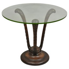 Vintage Grosfeld House Hollywood Regency Carved Mahogany Plume Round Side Table