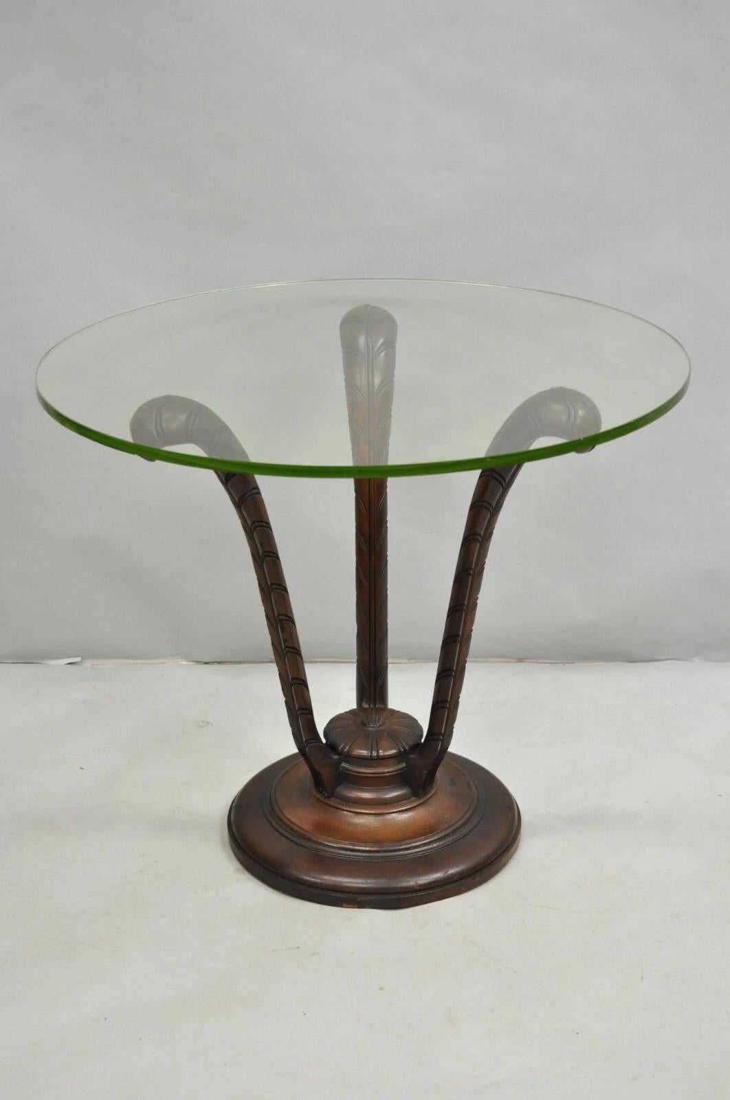 Vintage Grosfeld House Hollywood Regency Carved Mahogany Plume Round Side Table For Sale 6