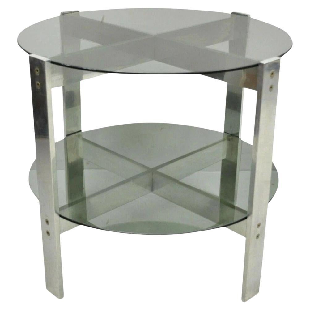 Table d'appoint Vintage Mid Century Modern ronde à 2 niveaux en verre fumé et base en aluminium