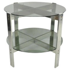 Table d'appoint Vintage Mid Century Modern ronde à 2 niveaux en verre fumé et base en aluminium