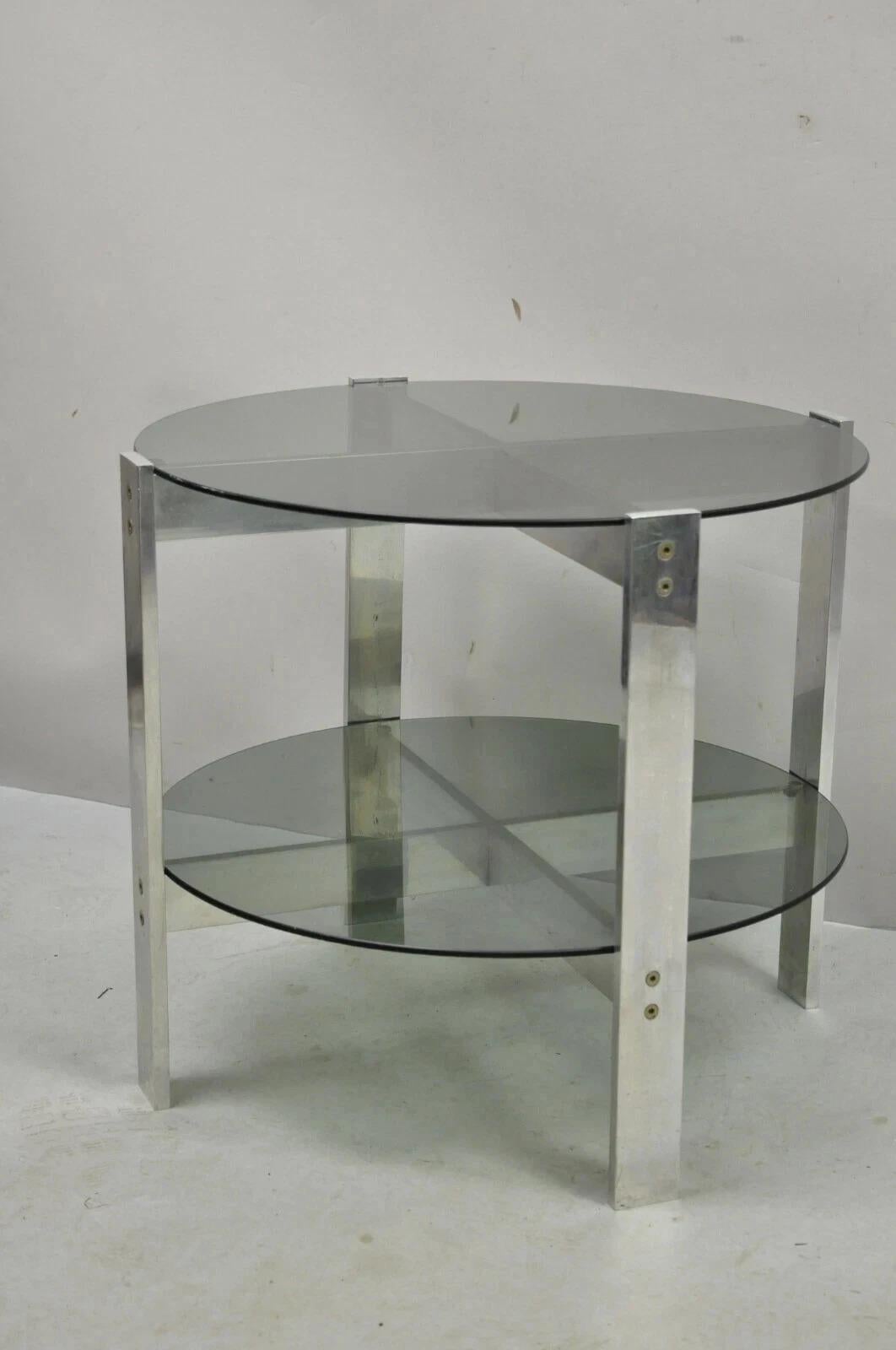 Inconnu Table d'appoint Vintage Mid Century Modern ronde à 2 niveaux en verre fumé et base en aluminium en vente