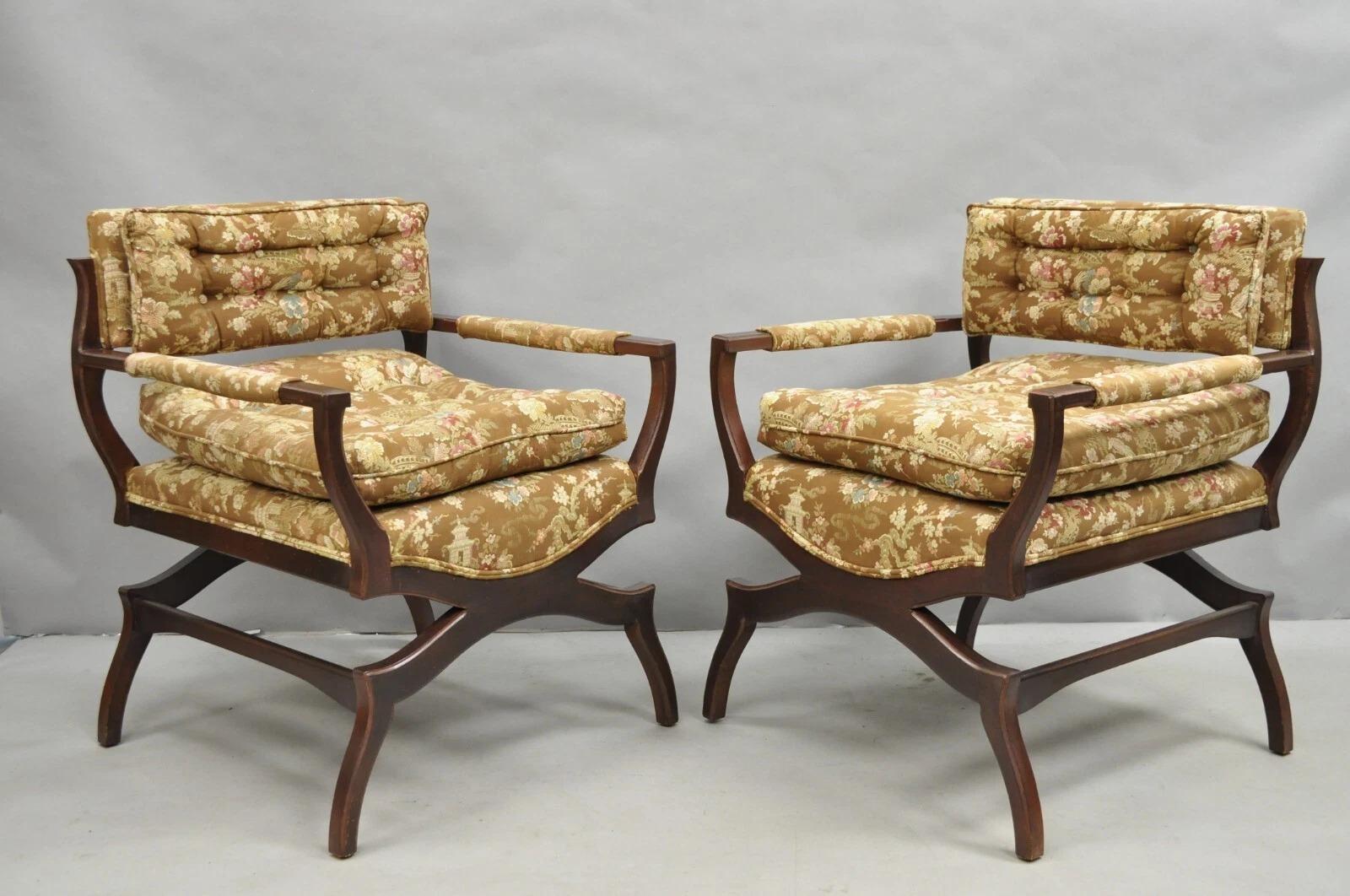 Vintage Hollywood Regency Curule Holz X-Frame Lounge Arm Stühle - ein Paar im Angebot 5