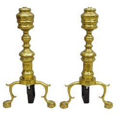 Vintage Federal Style Brass Branch Foot Gold Fireplace Andirons - a Pair