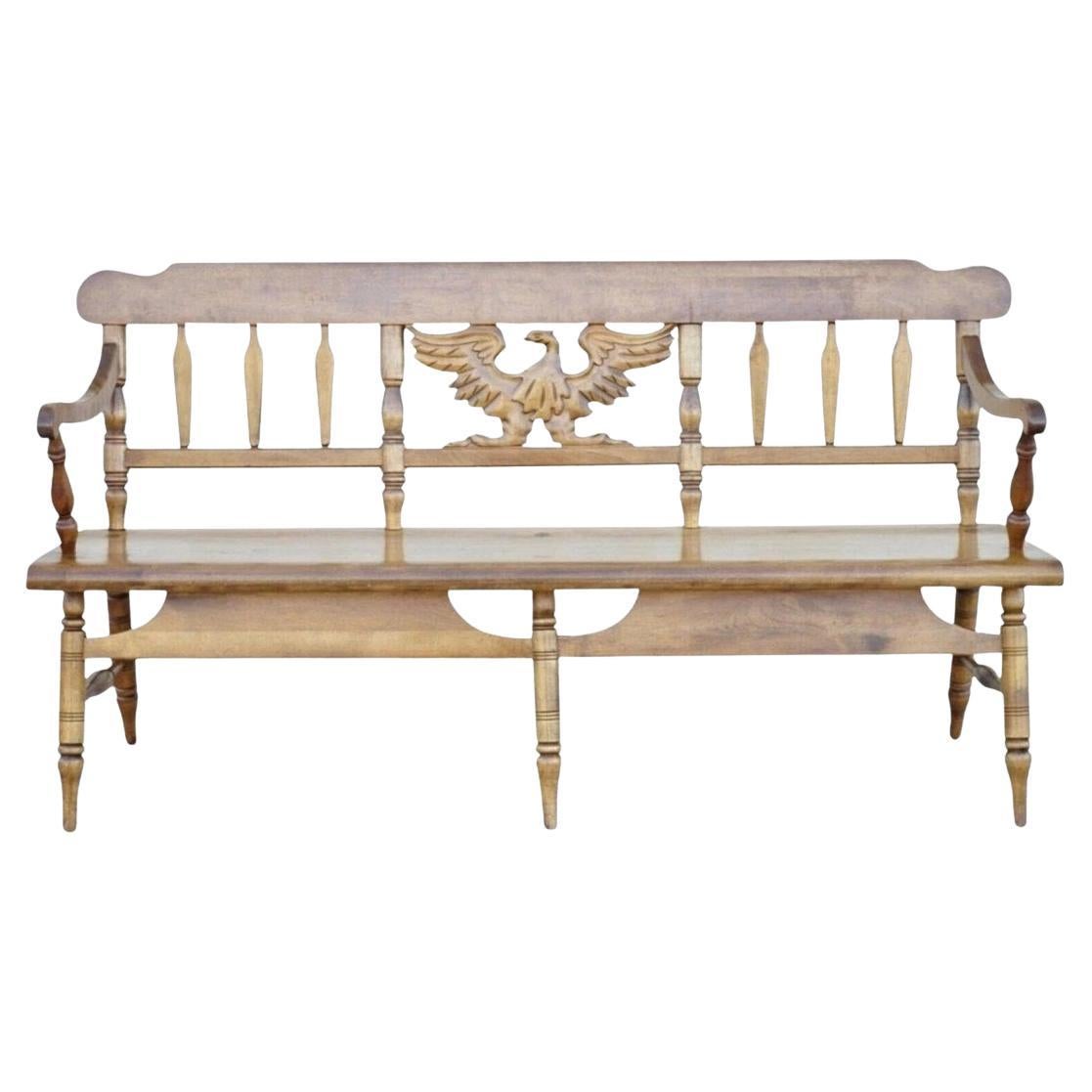 Vintage Cushman Federal Style Maple Wood Carved Eagle Back Settee Deacons Bench For Sale