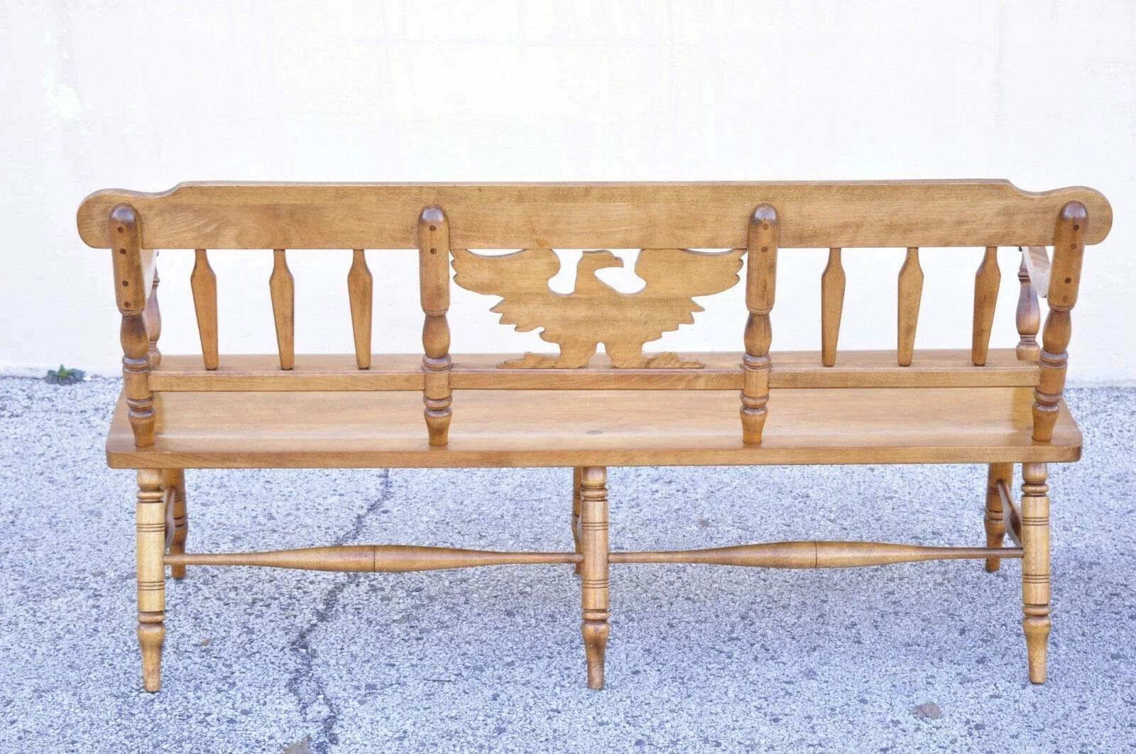Vintage Cushman Federal Style Maple Wood Carved Eagle Back Settee Deacons Bench For Sale 1