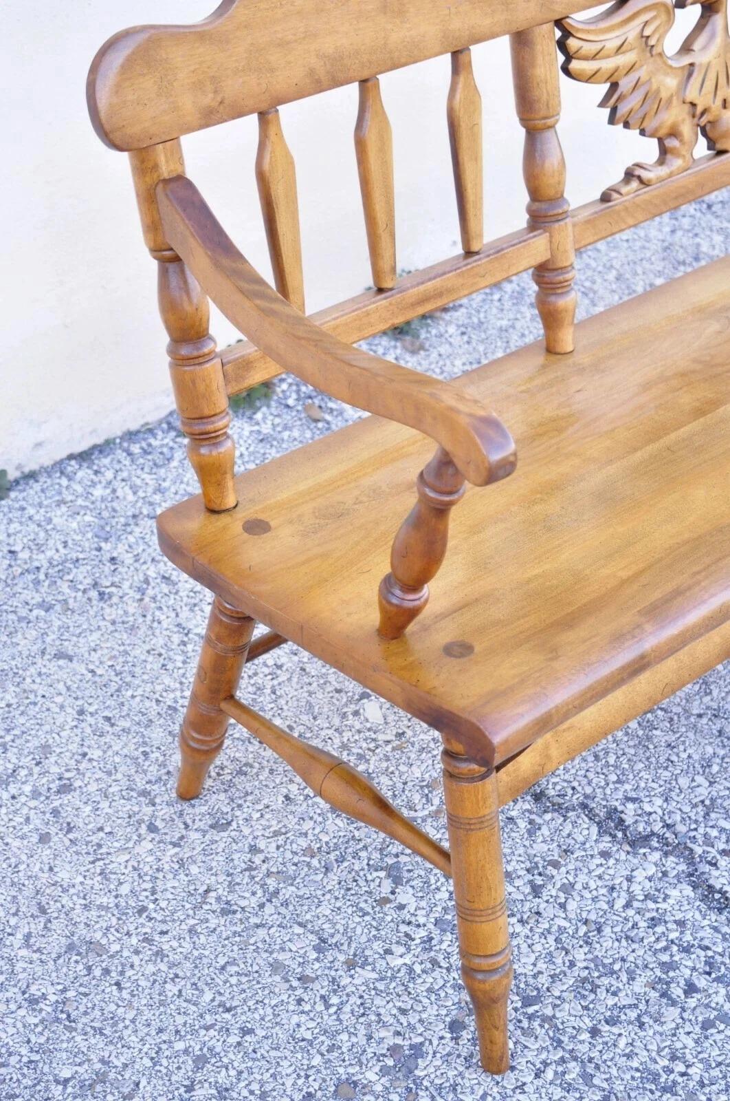 20th Century Vintage Cushman Federal Style Maple Wood Carved Eagle Back Settee Deacons Bench For Sale