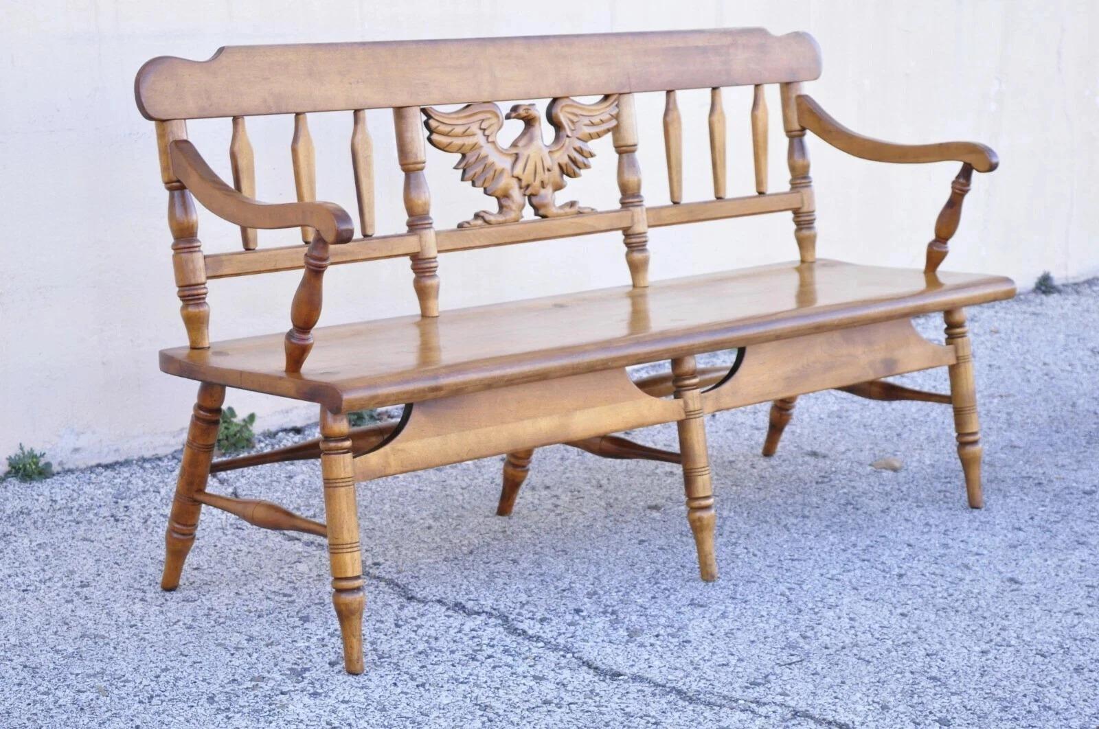 Vintage Cushman Federal Style Maple Wood Carved Eagle Back Settee Deacons Bench For Sale 5