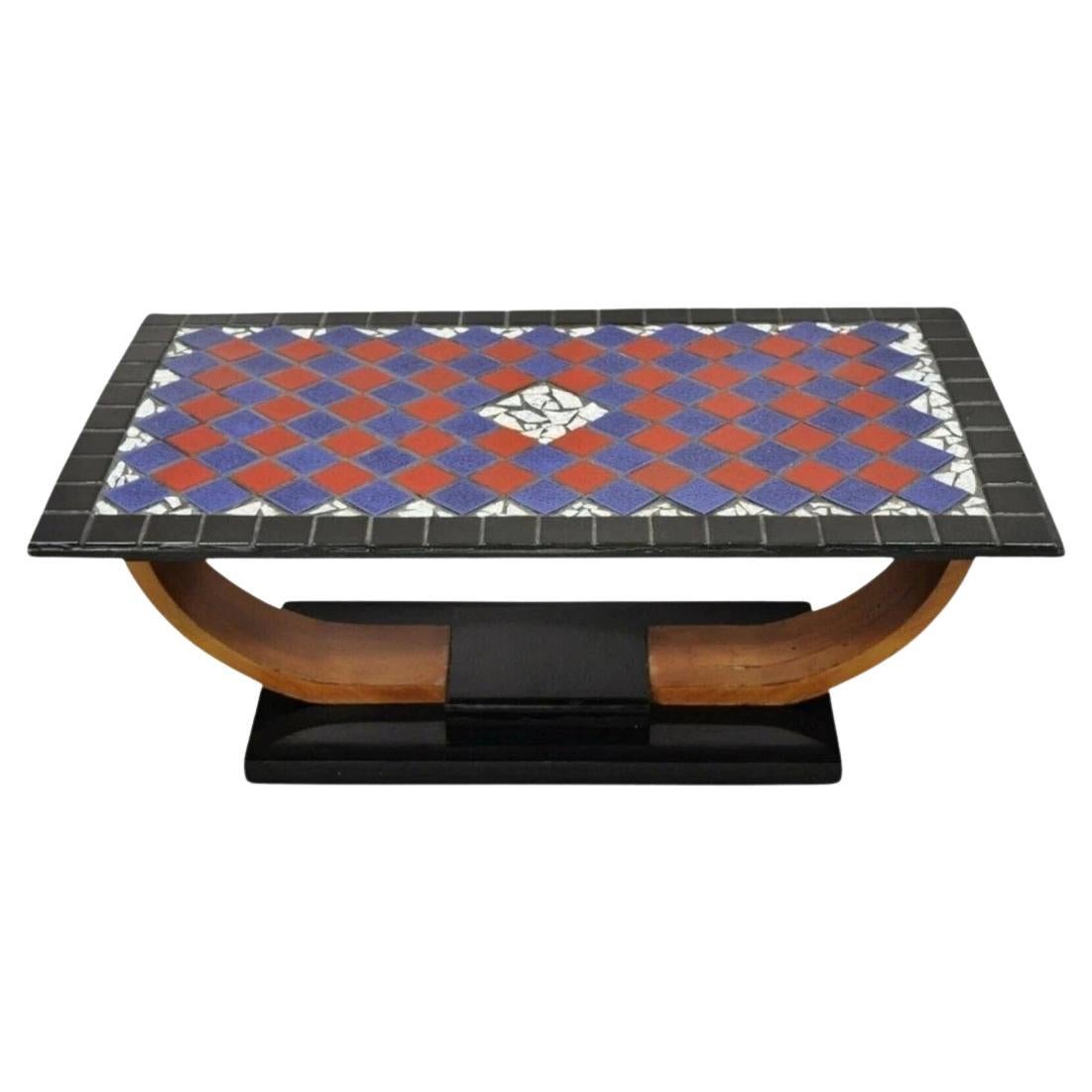 Vintage Art Deco Blue and Red Mosaic Tile Top Arch Base Coffee Table For Sale
