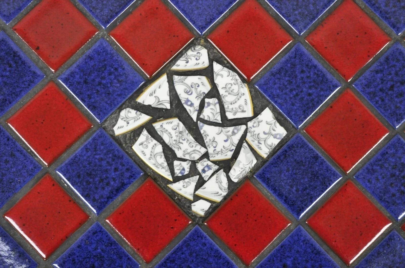Unknown Vintage Art Deco Blue and Red Mosaic Tile Top Arch Base Coffee Table For Sale