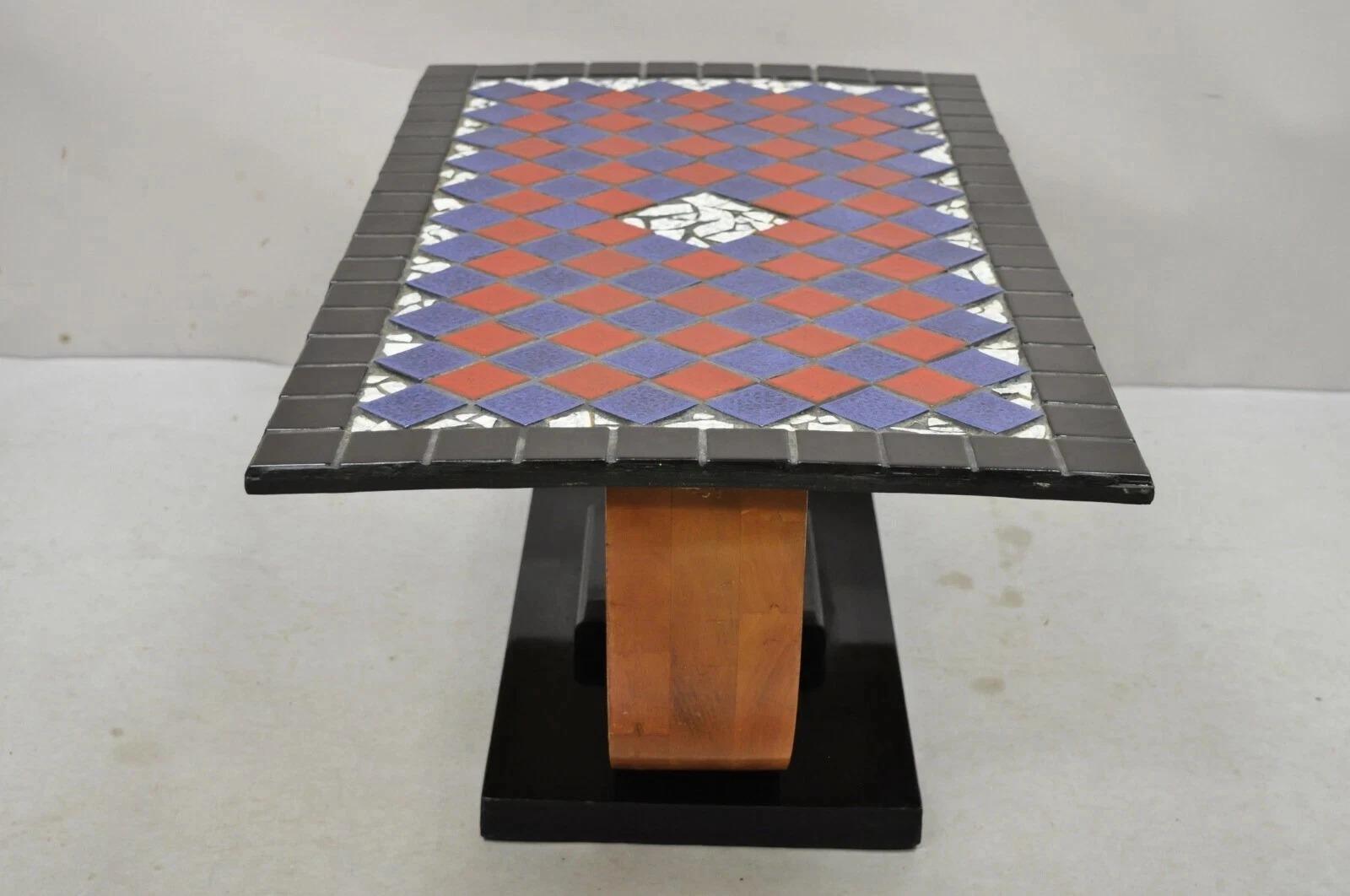 Wood Vintage Art Deco Blue and Red Mosaic Tile Top Arch Base Coffee Table For Sale