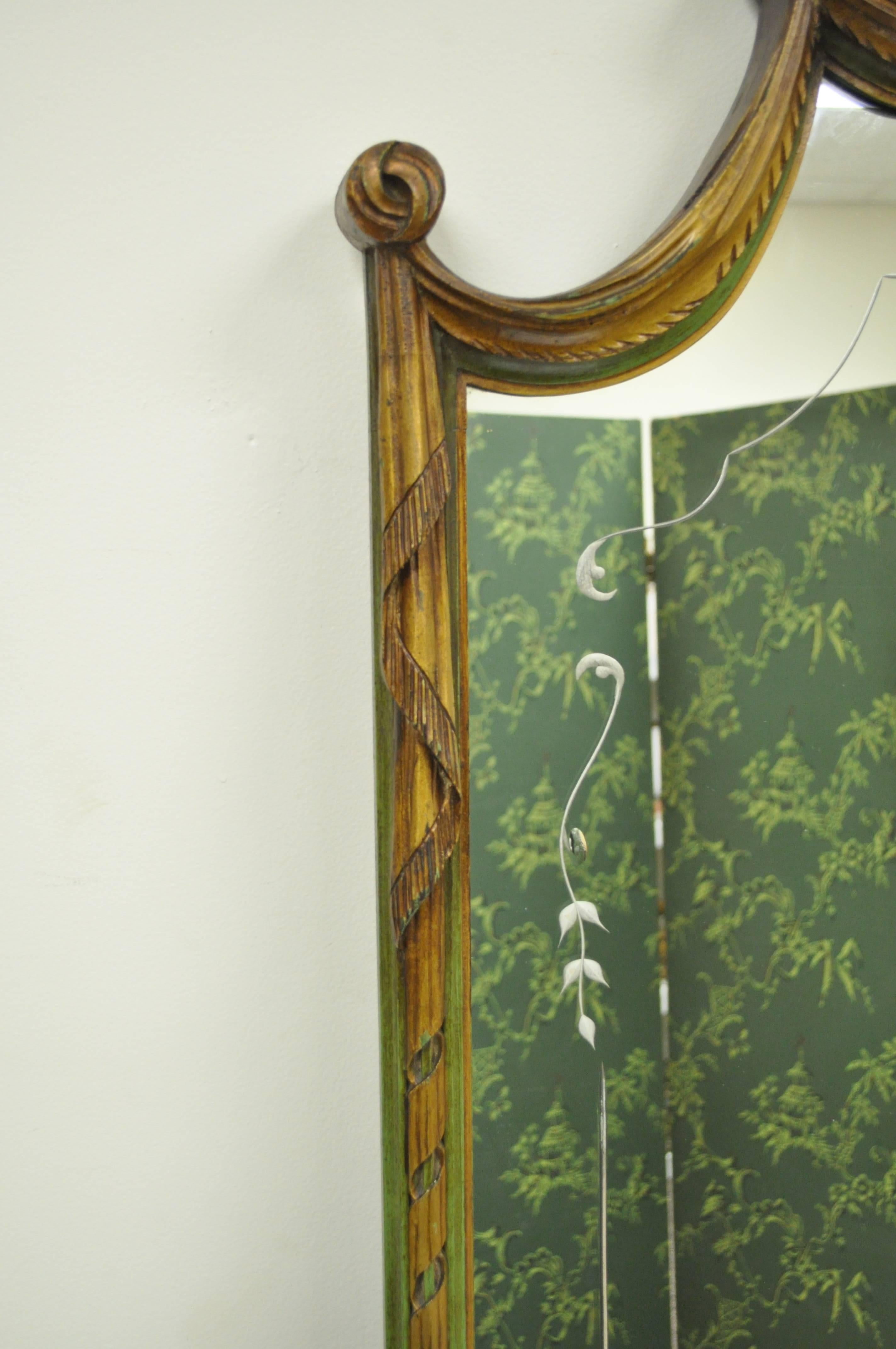 French Louis XV Style Green & Gold Carved Drape Floral Etched Glass Wall Mirror 2