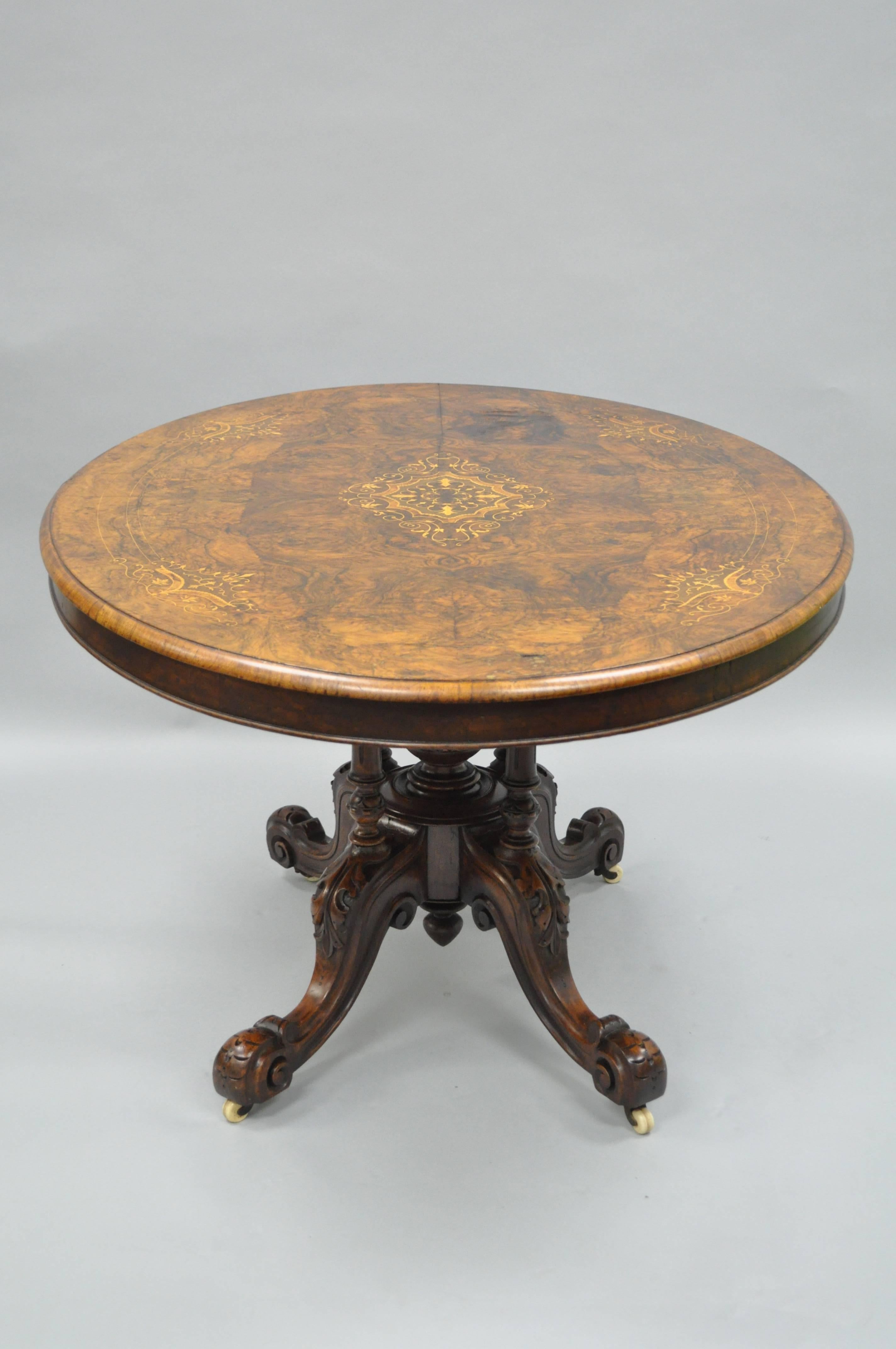 19th Century Victorian Carved Burl Walnut Tilt-Top Marquetry Inlay Center Table 5