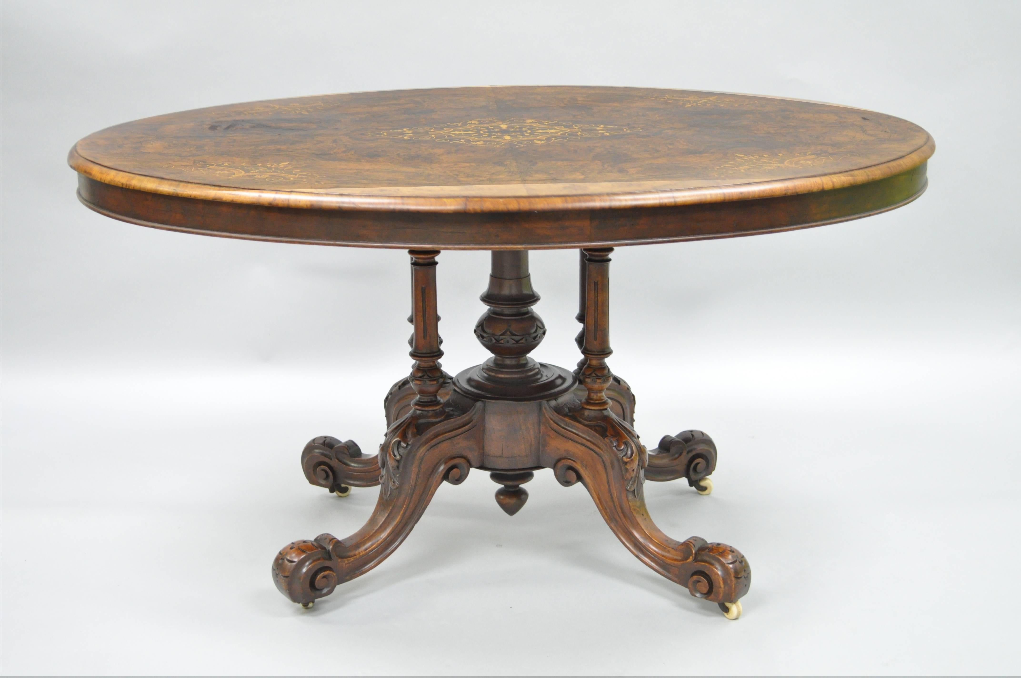 High Victorian 19th Century Victorian Carved Burl Walnut Tilt-Top Marquetry Inlay Center Table