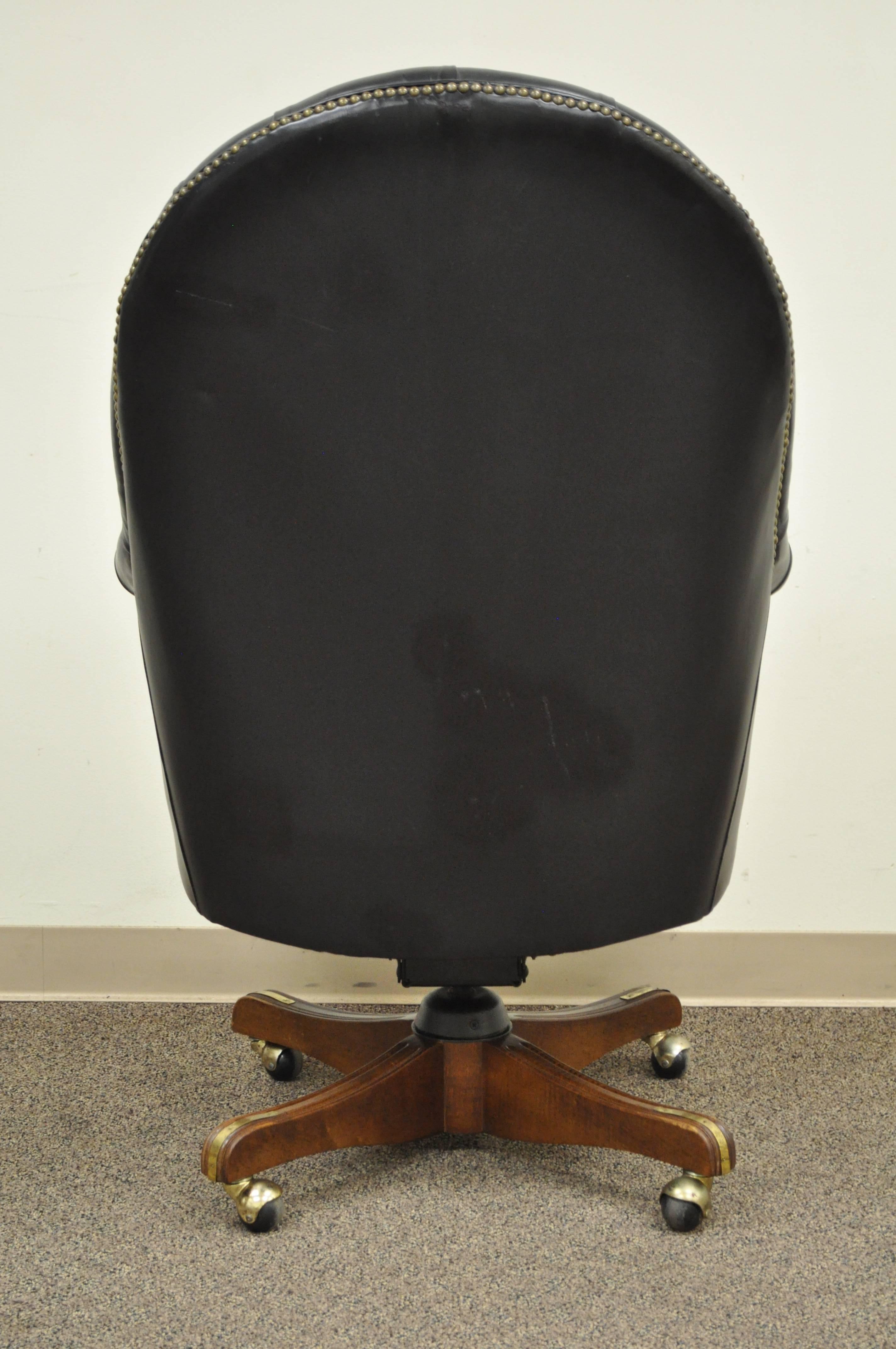 Deep Tufted Black Leather English Chesterfield Style Rolling Office Desk Chair In Good Condition In Philadelphia, PA