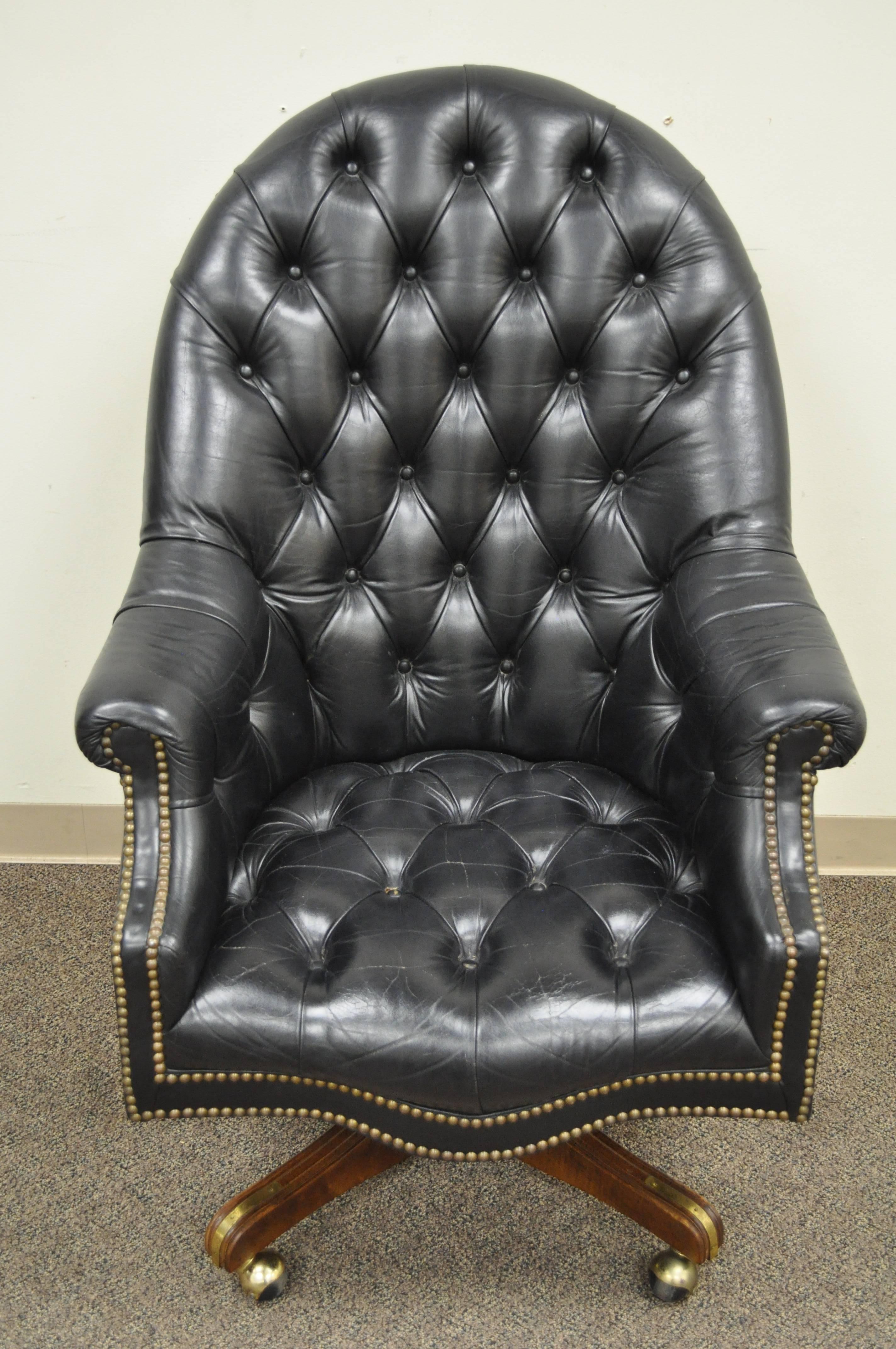 Deep Tufted Black Leather English Chesterfield Style Rolling Office Desk Chair 3