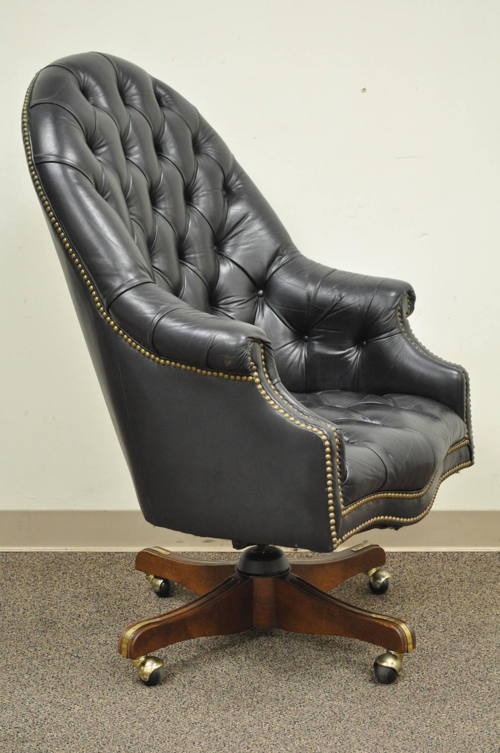 Vintage Deep Tufted Black Leather English Chesterfield Style Office