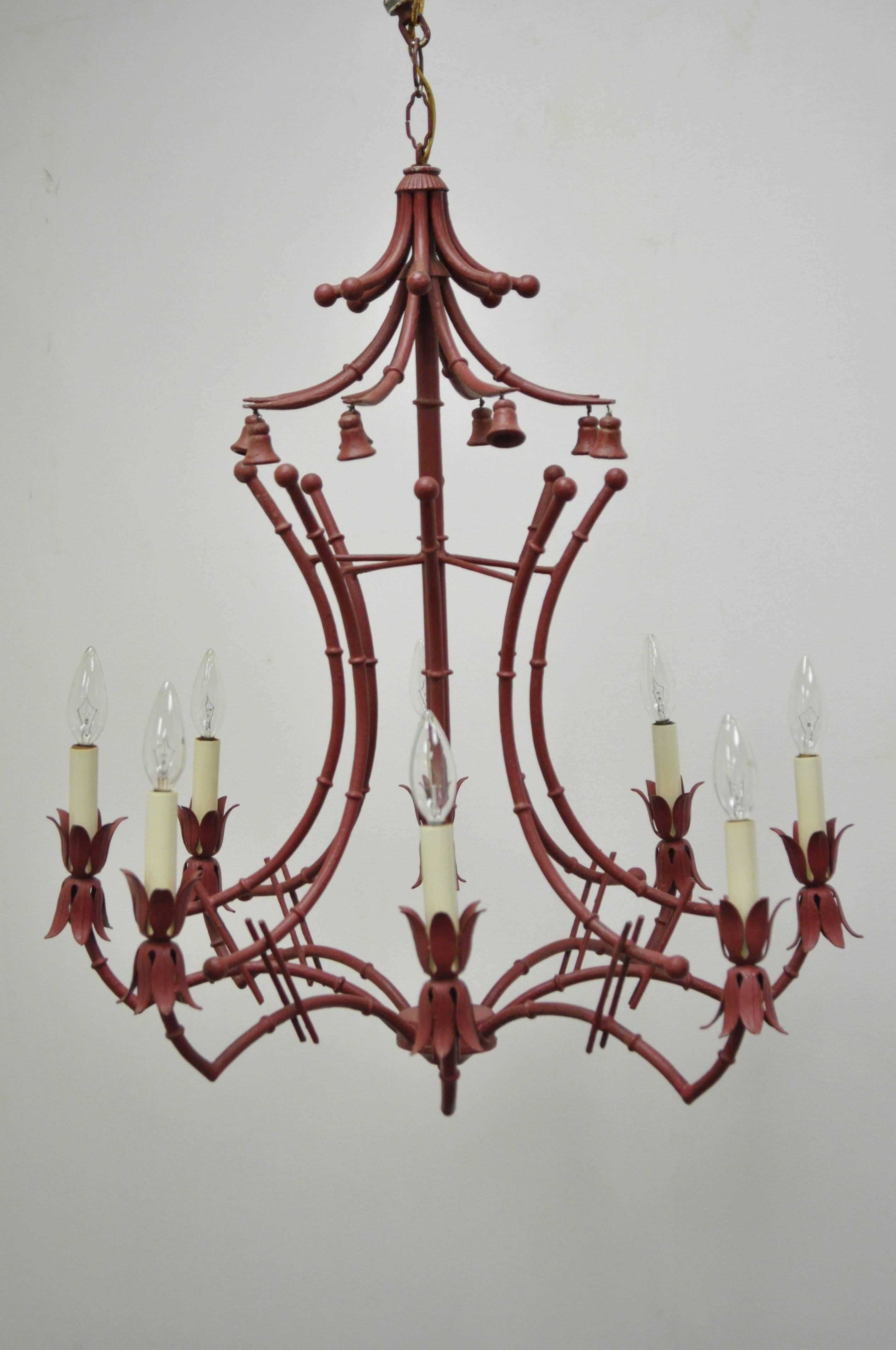 Vintage Red Italian Faux Bamboo Chinese Chippendale Tole Metal Pagoda Chandelier 2