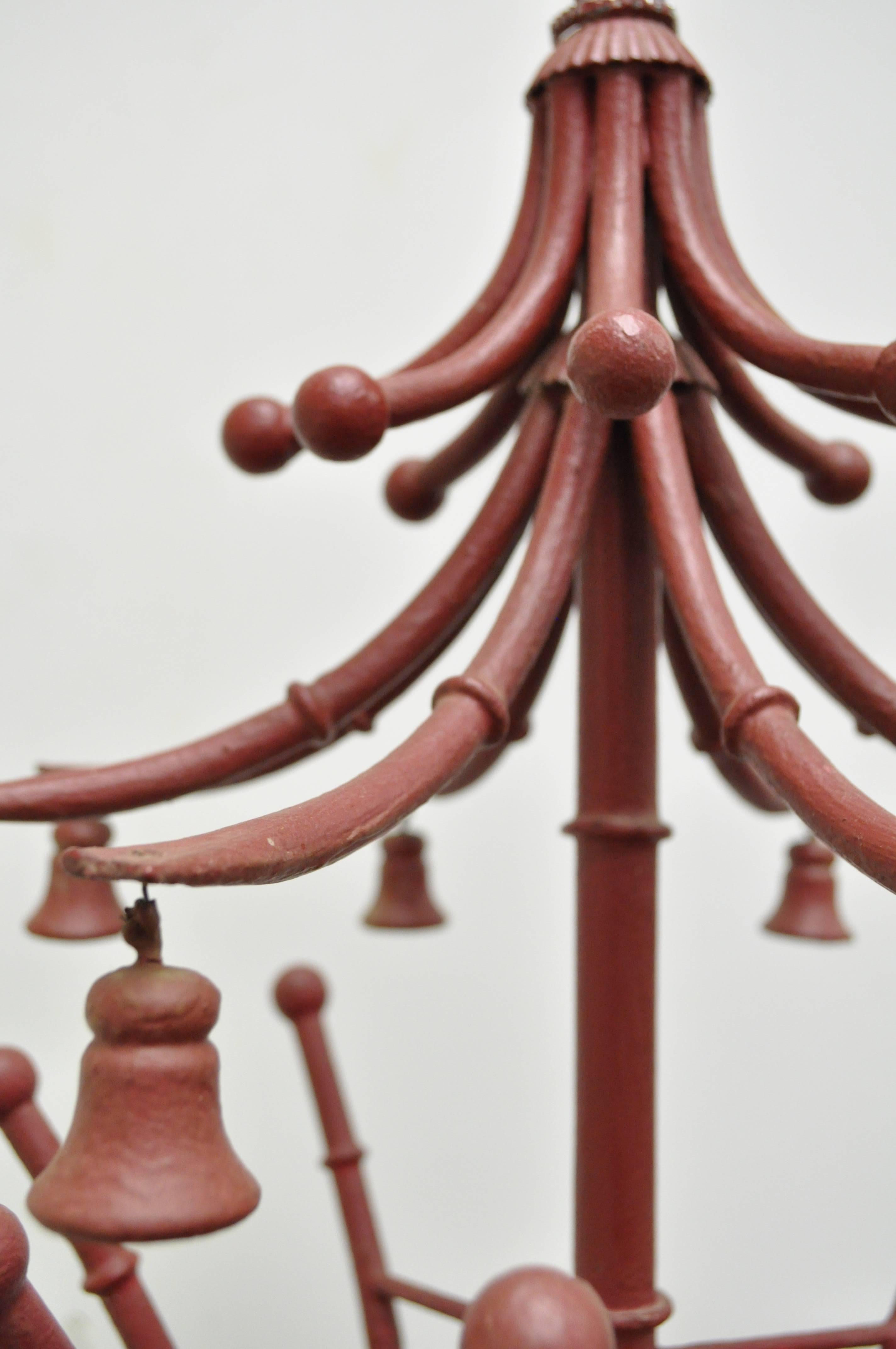 Vintage Red Italian Faux Bamboo Chinese Chippendale Tole Metal Pagoda Chandelier In Good Condition In Philadelphia, PA