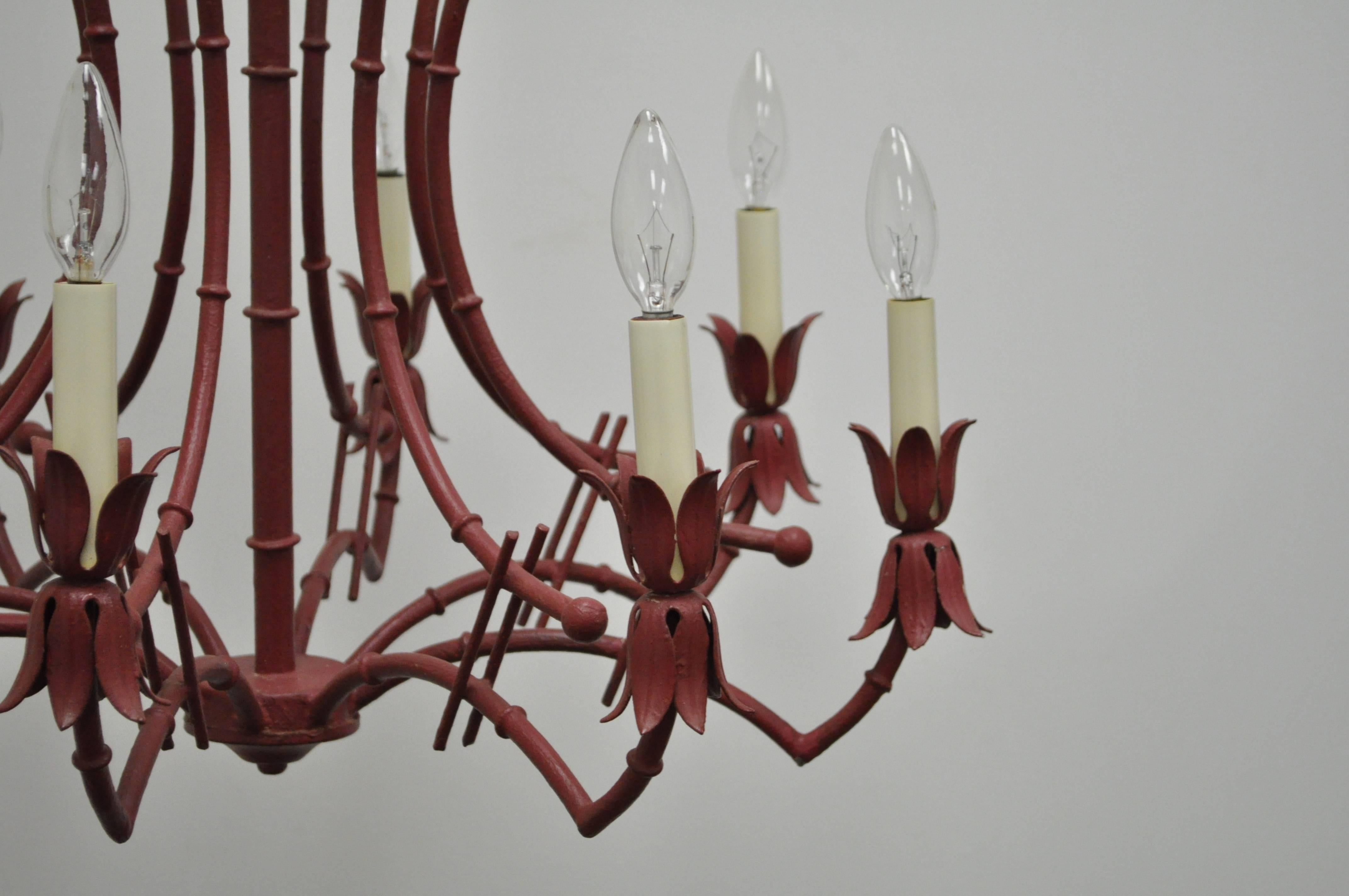 Mid-20th Century Vintage Red Italian Faux Bamboo Chinese Chippendale Tole Metal Pagoda Chandelier
