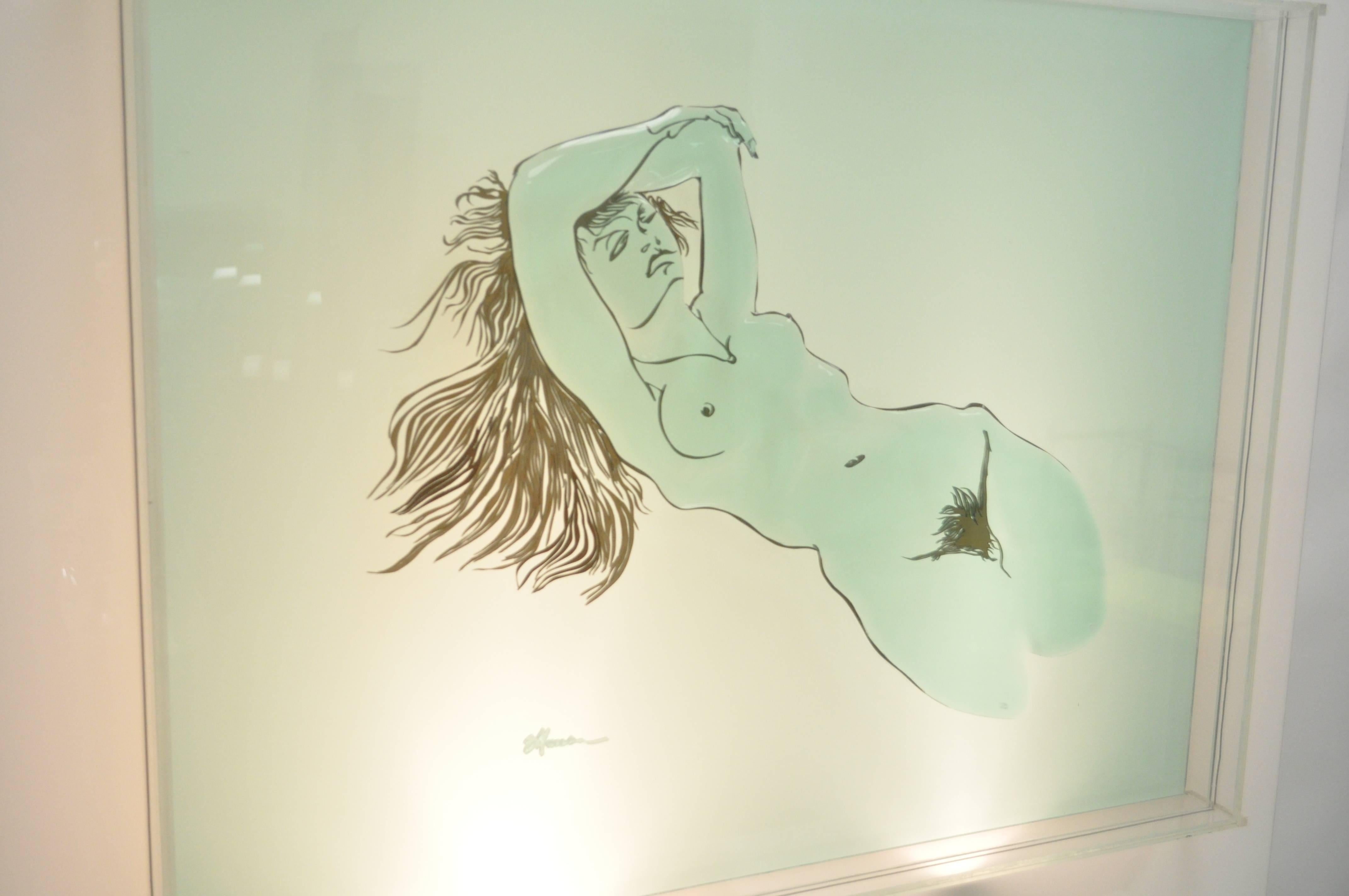 Große große Eugene Massin Acryl-Lucit-Nackte Frau Wand-Kunst-Leuchtkasten-Skulptur 45x51 (amerikanisch) im Angebot