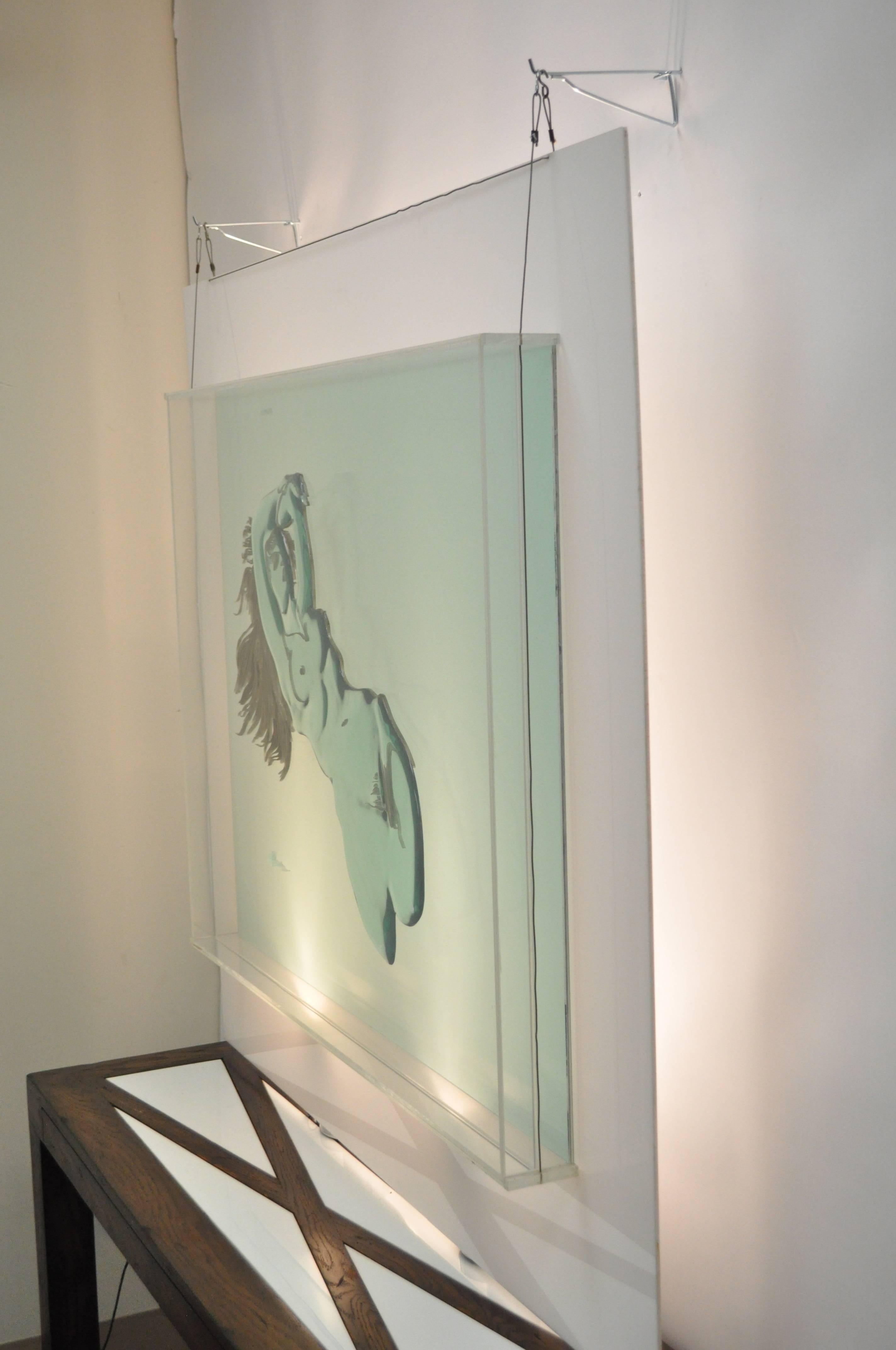 American Large Eugene Massin Acrylic Lucite Nude Woman Wall Art Light Box Sculpture 45x51