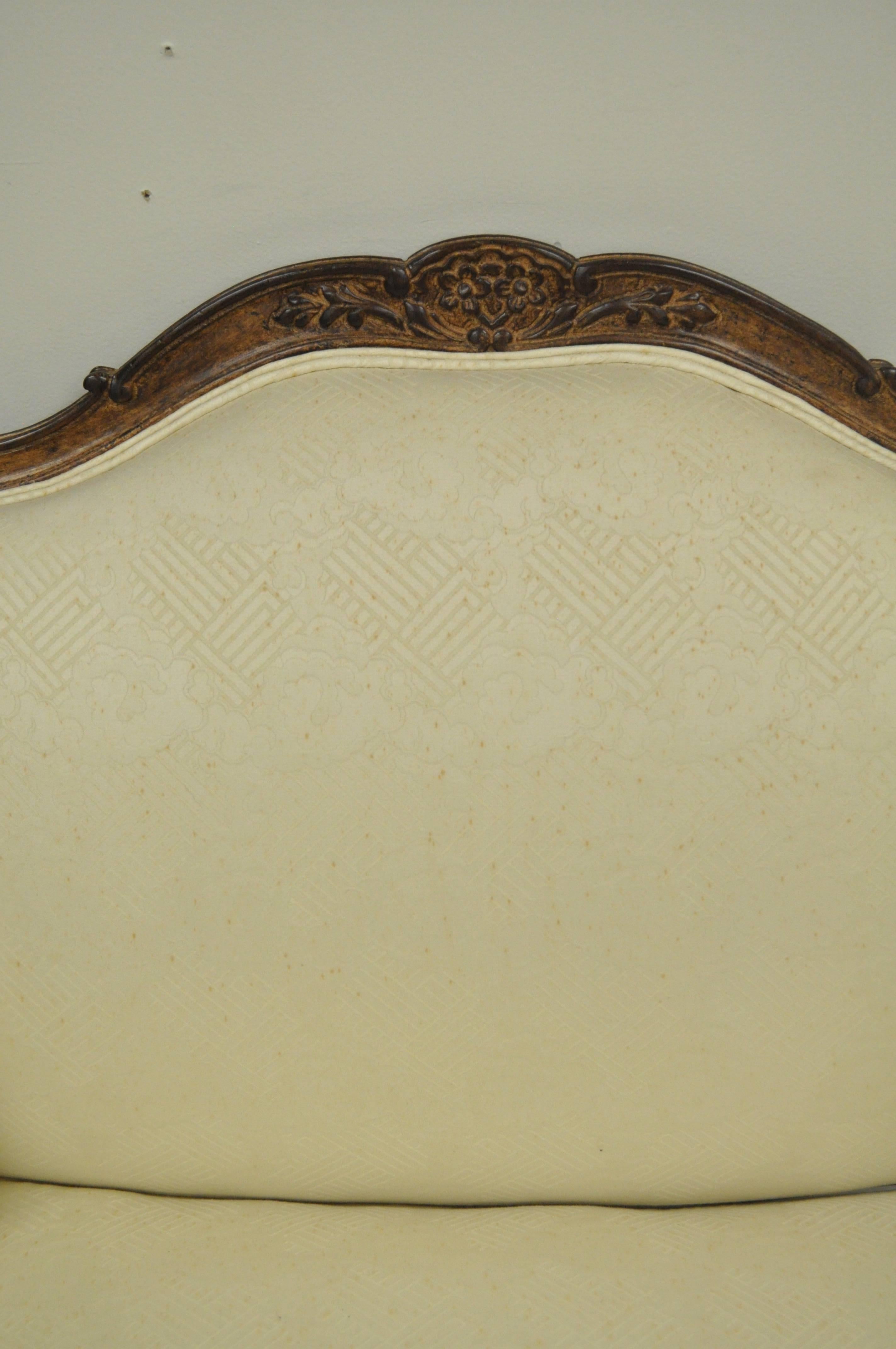 Vintage Wide Frame French Country Louis XV Style Floral Carved Bergere Arm Chair In Good Condition In Philadelphia, PA