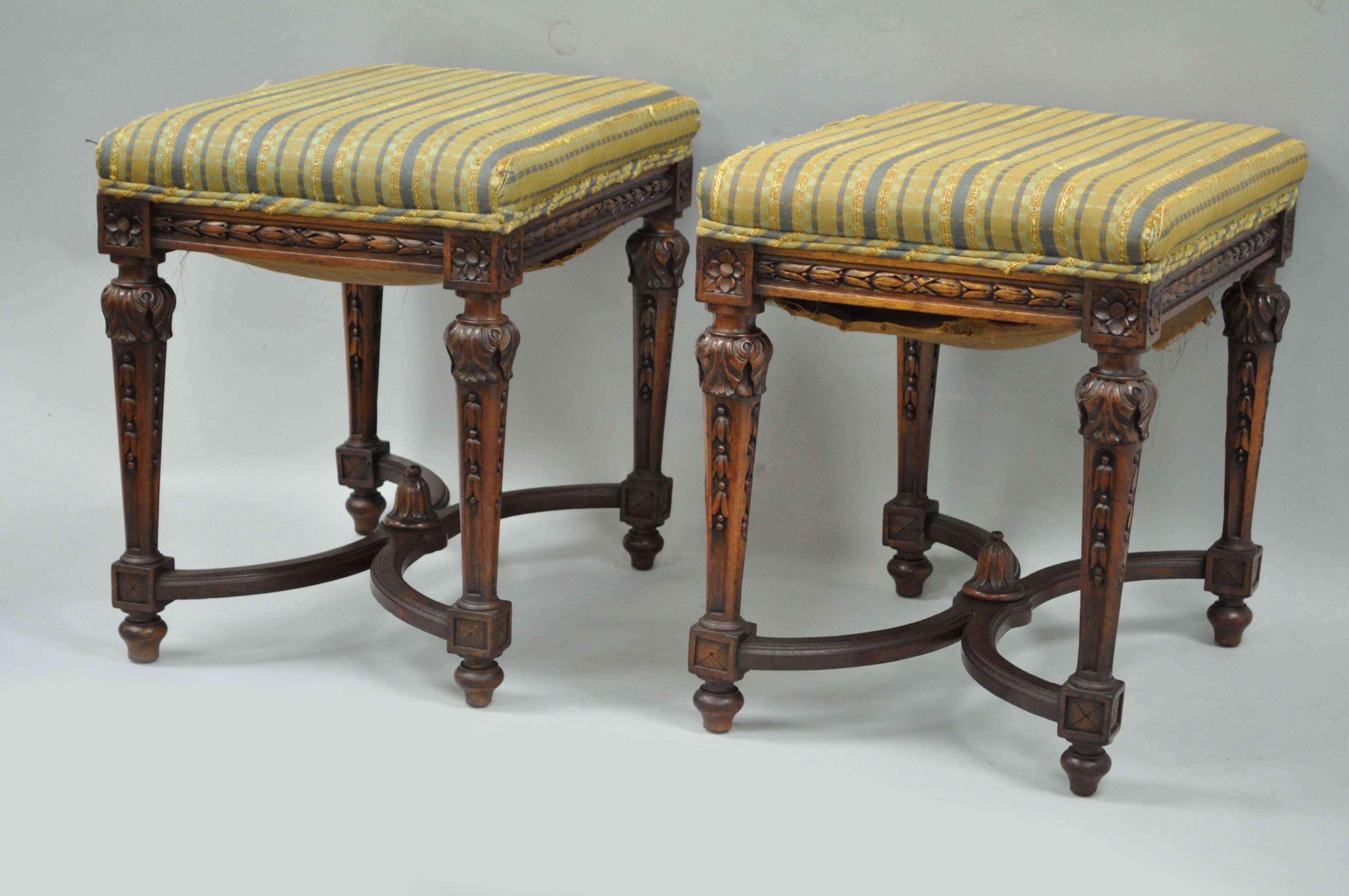 Mid-20th Century Pair of 1930s French Carved Walnut Louis XVI Style Victorian Stools Ottomans