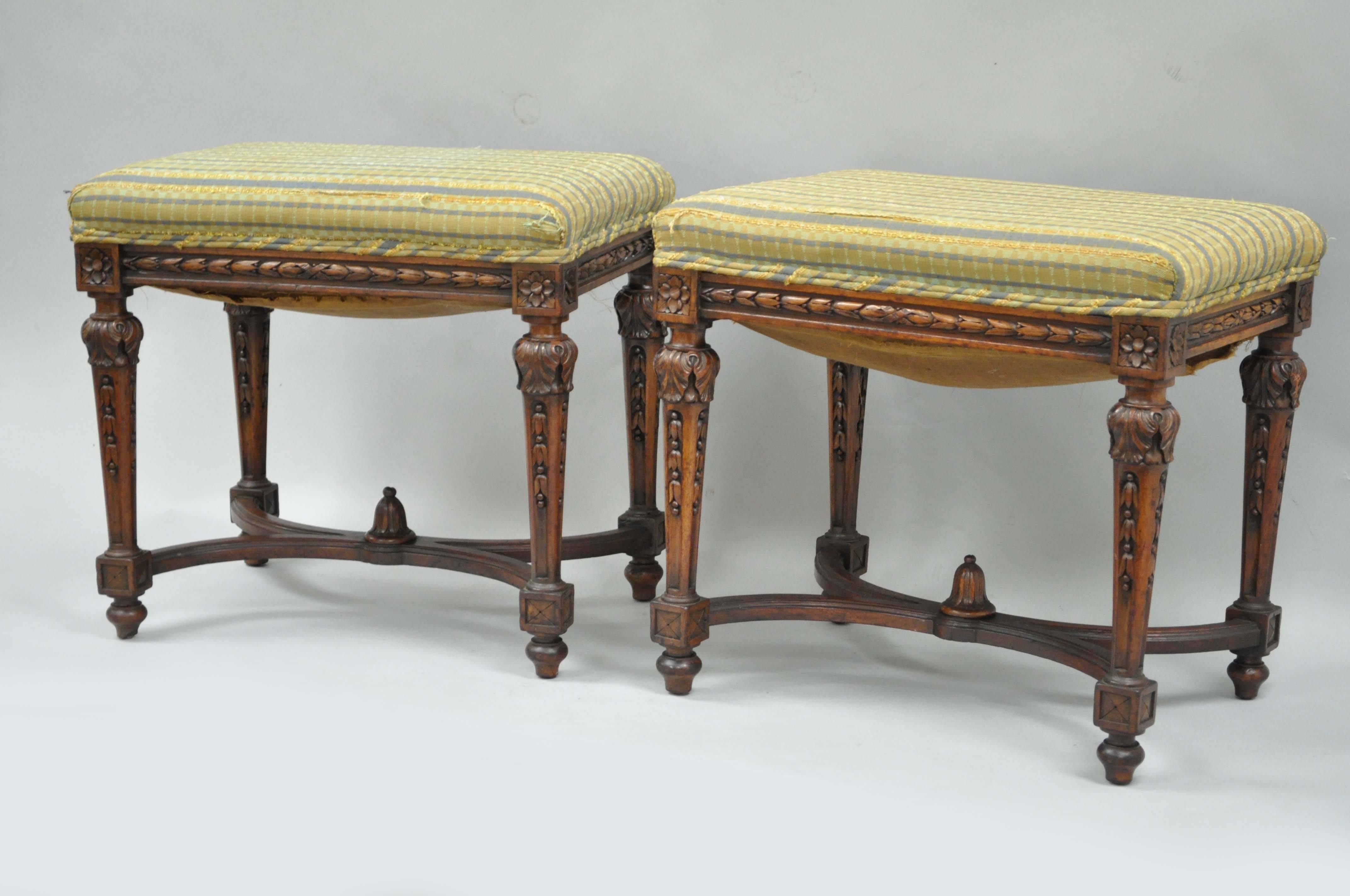 Pair of 1930s French Carved Walnut Louis XVI Style Victorian Stools Ottomans 1