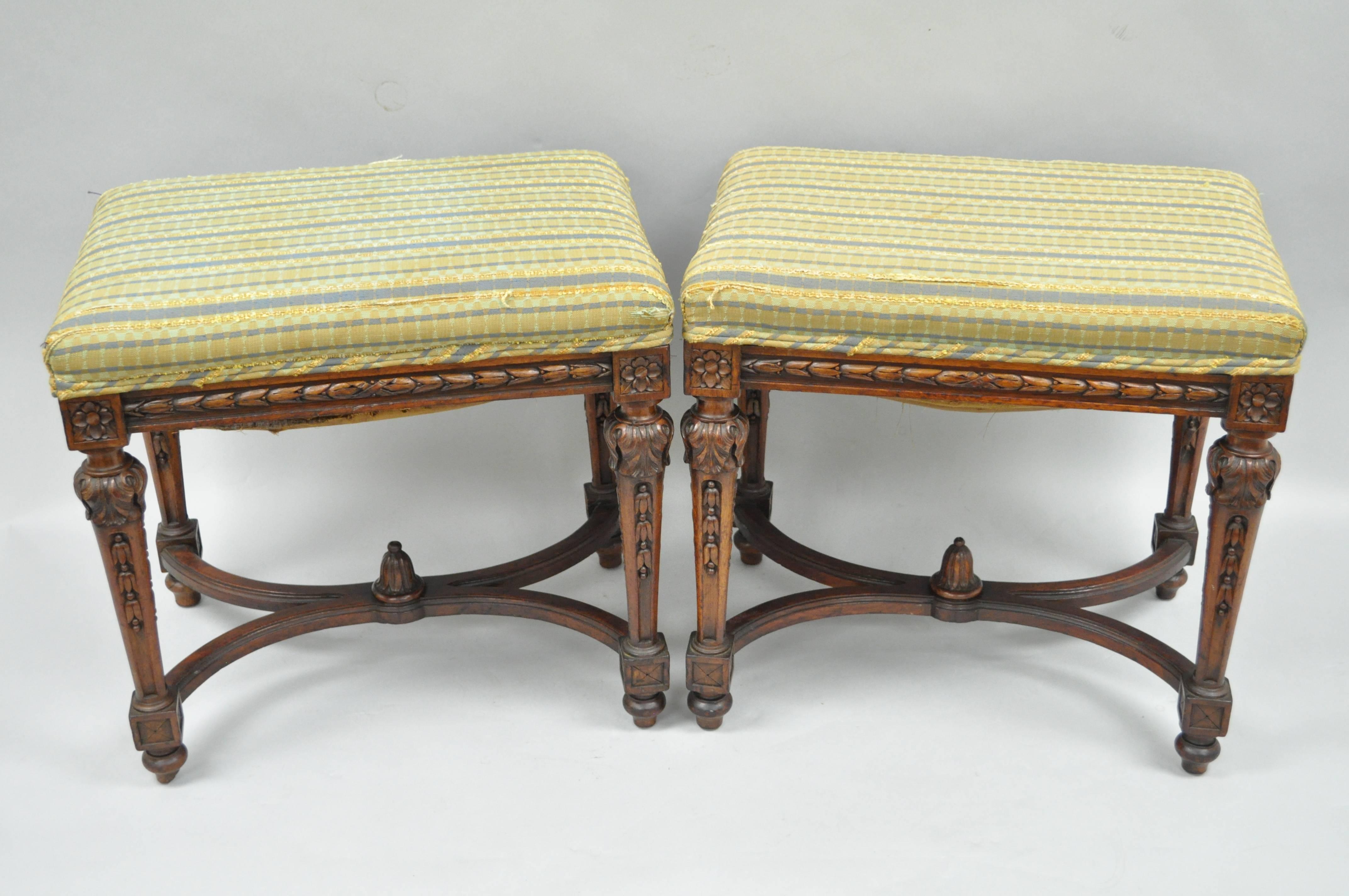 Pair of 1930s French Carved Walnut Louis XVI Style Victorian Stools Ottomans 2