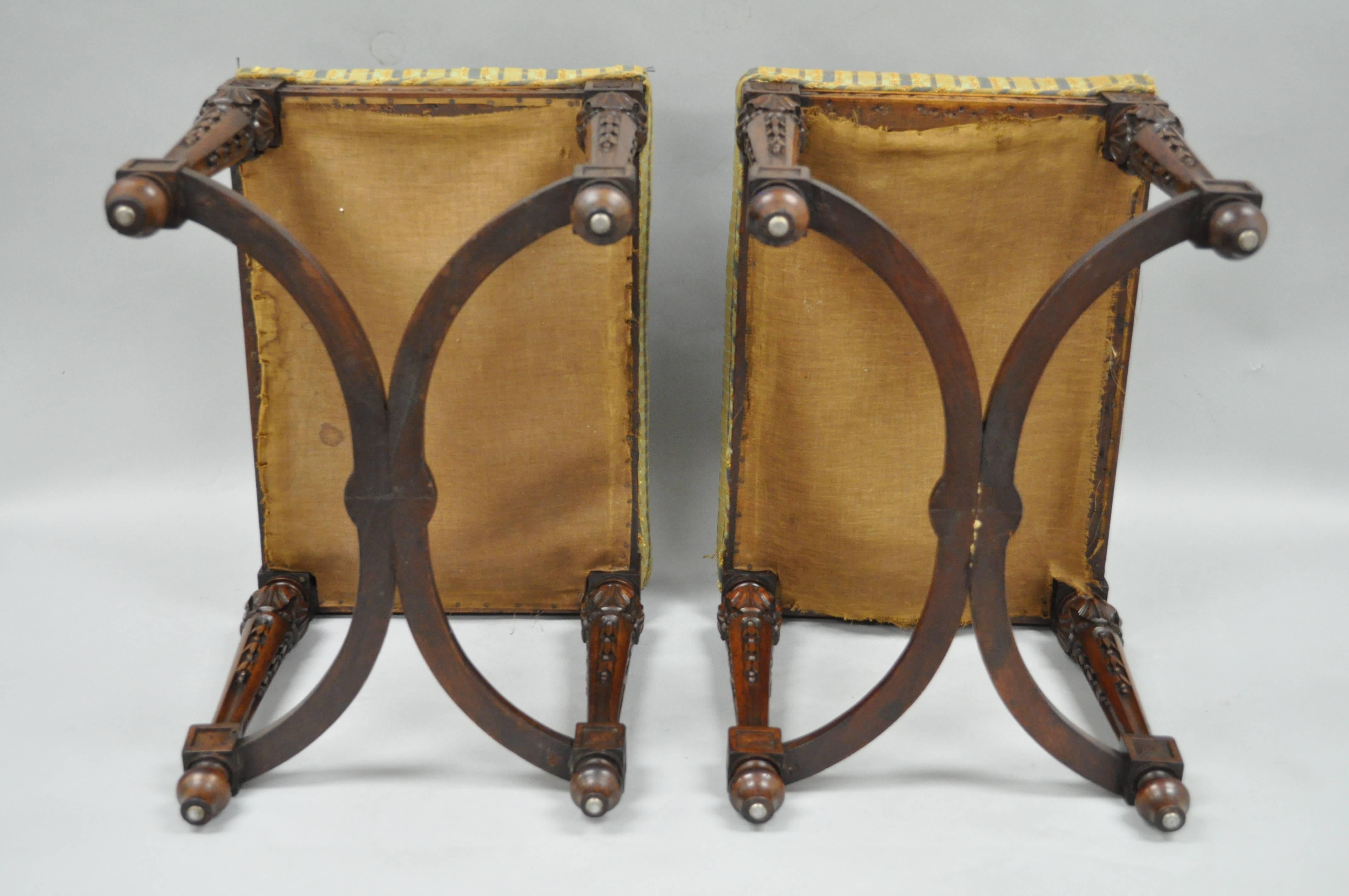 Pair of 1930s French Carved Walnut Louis XVI Style Victorian Stools Ottomans 3