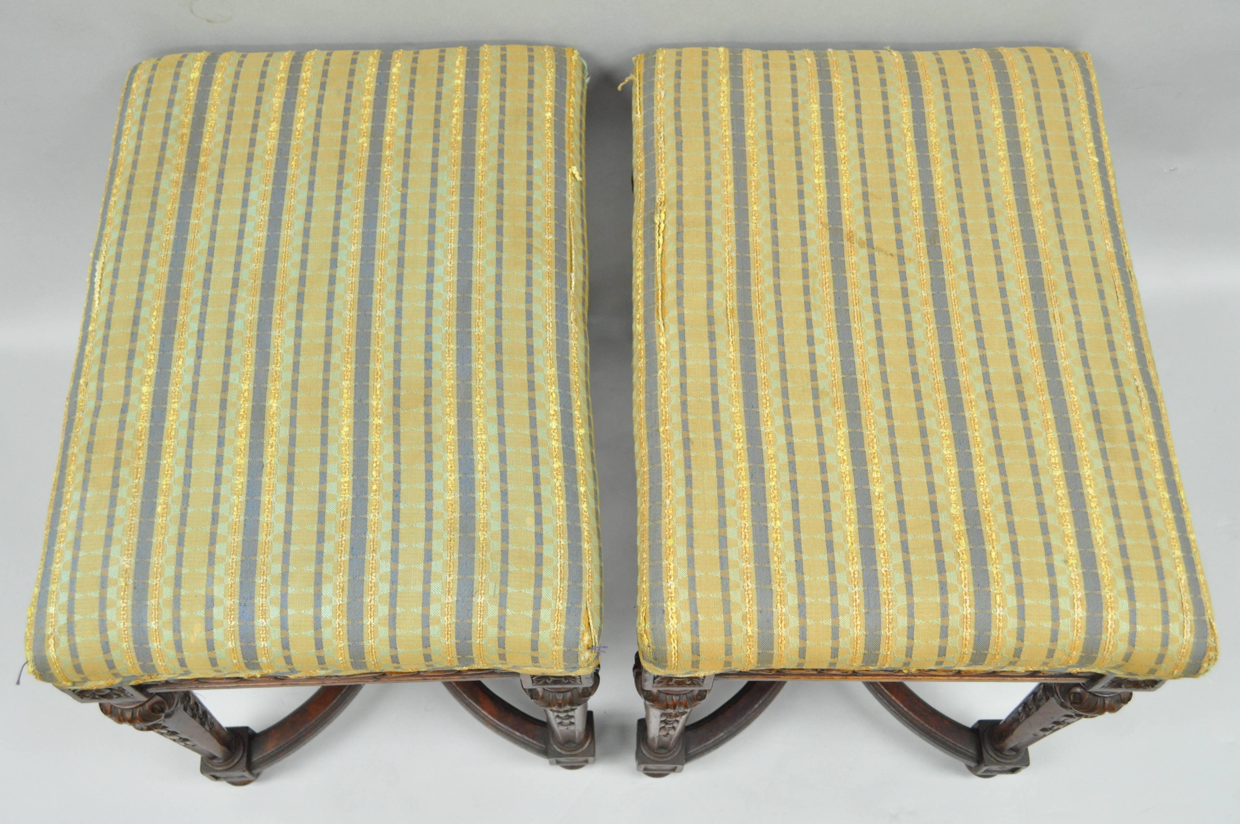 Pair of 1930s French Carved Walnut Louis XVI Style Victorian Stools Ottomans 4