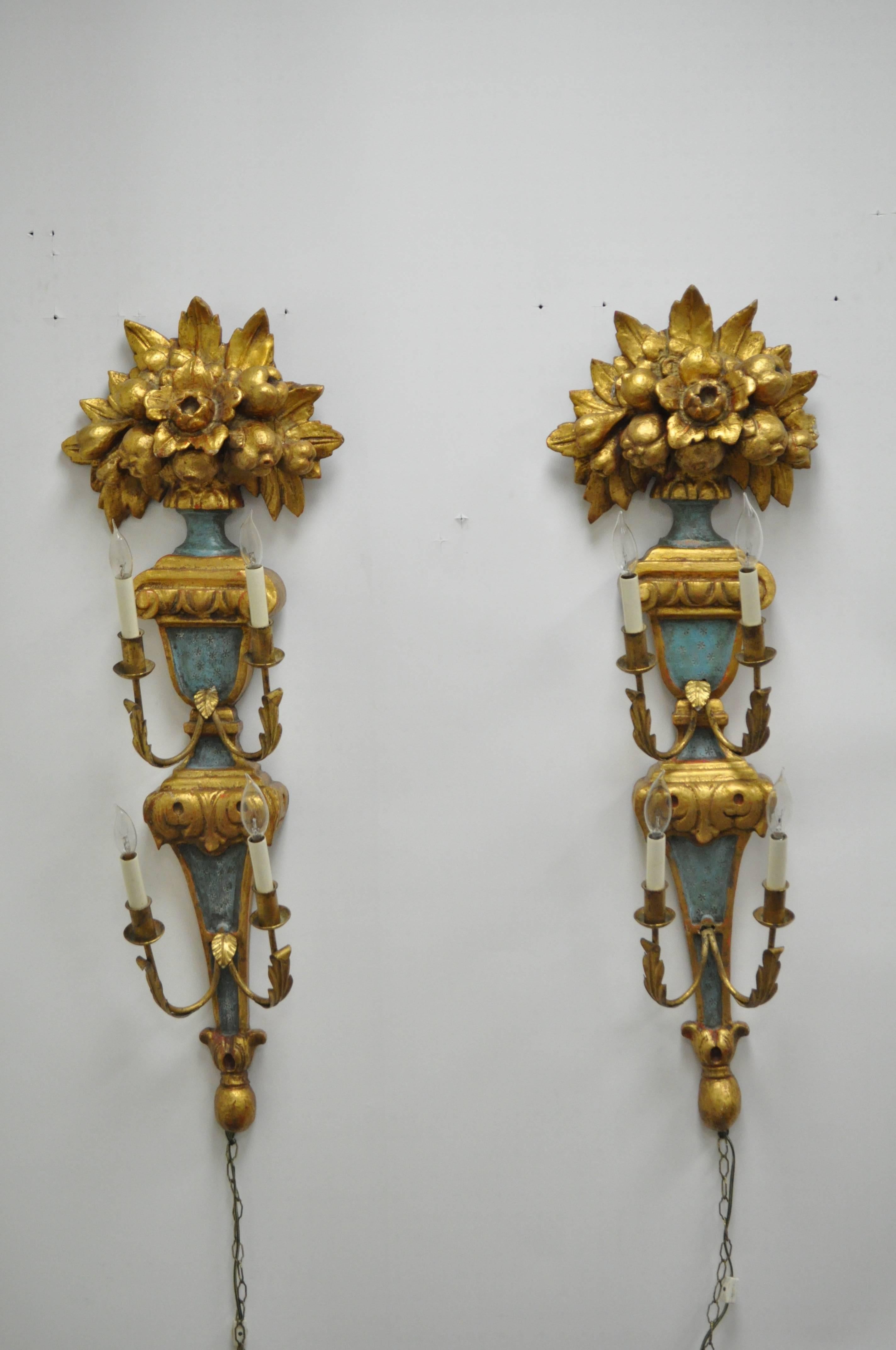 Pair 1950s Flower Carved Giltwood Italian Style Four Light Wall Sconces by Masa 2