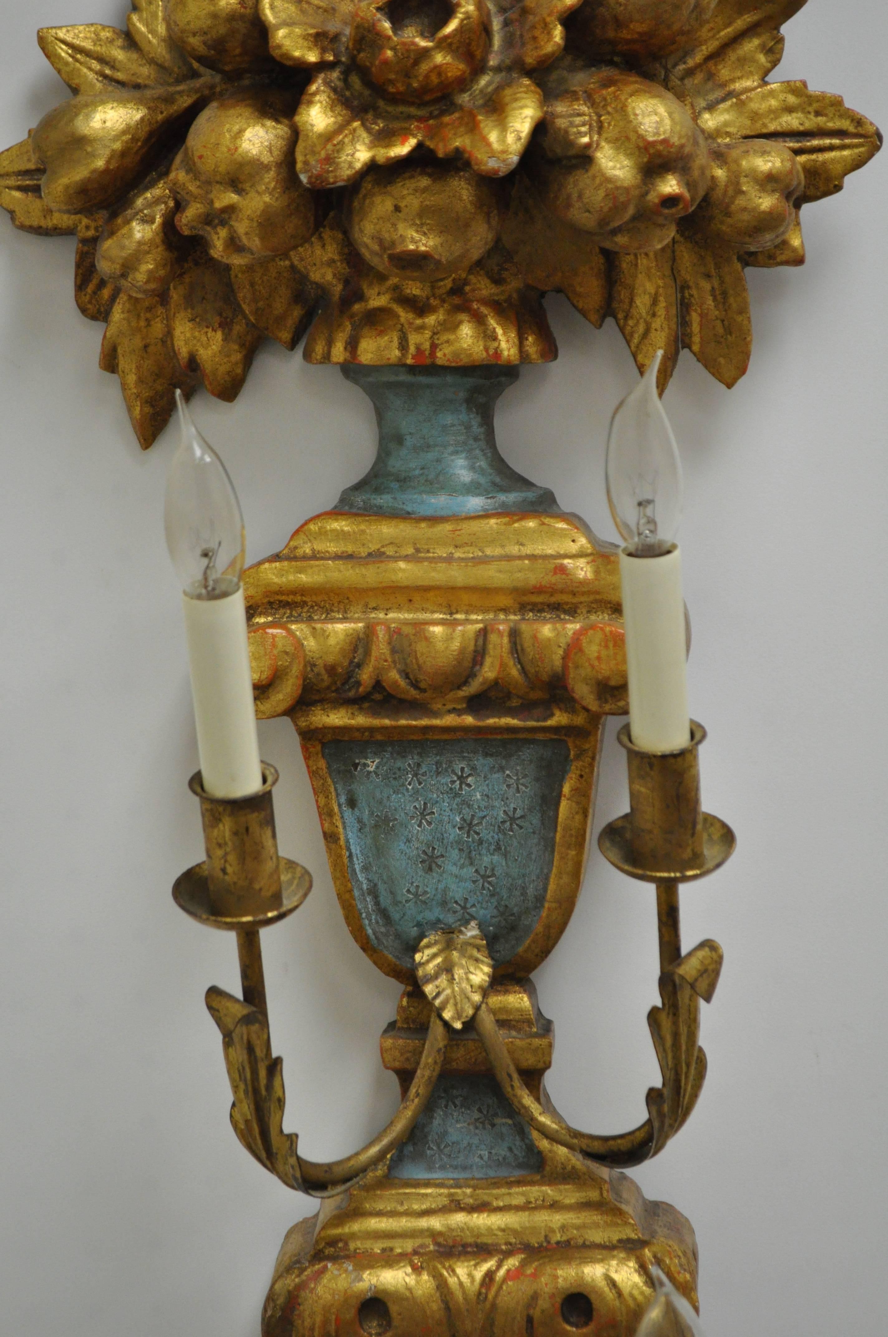 Hollywood Regency Pair 1950s Flower Carved Giltwood Italian Style Four Light Wall Sconces by Masa