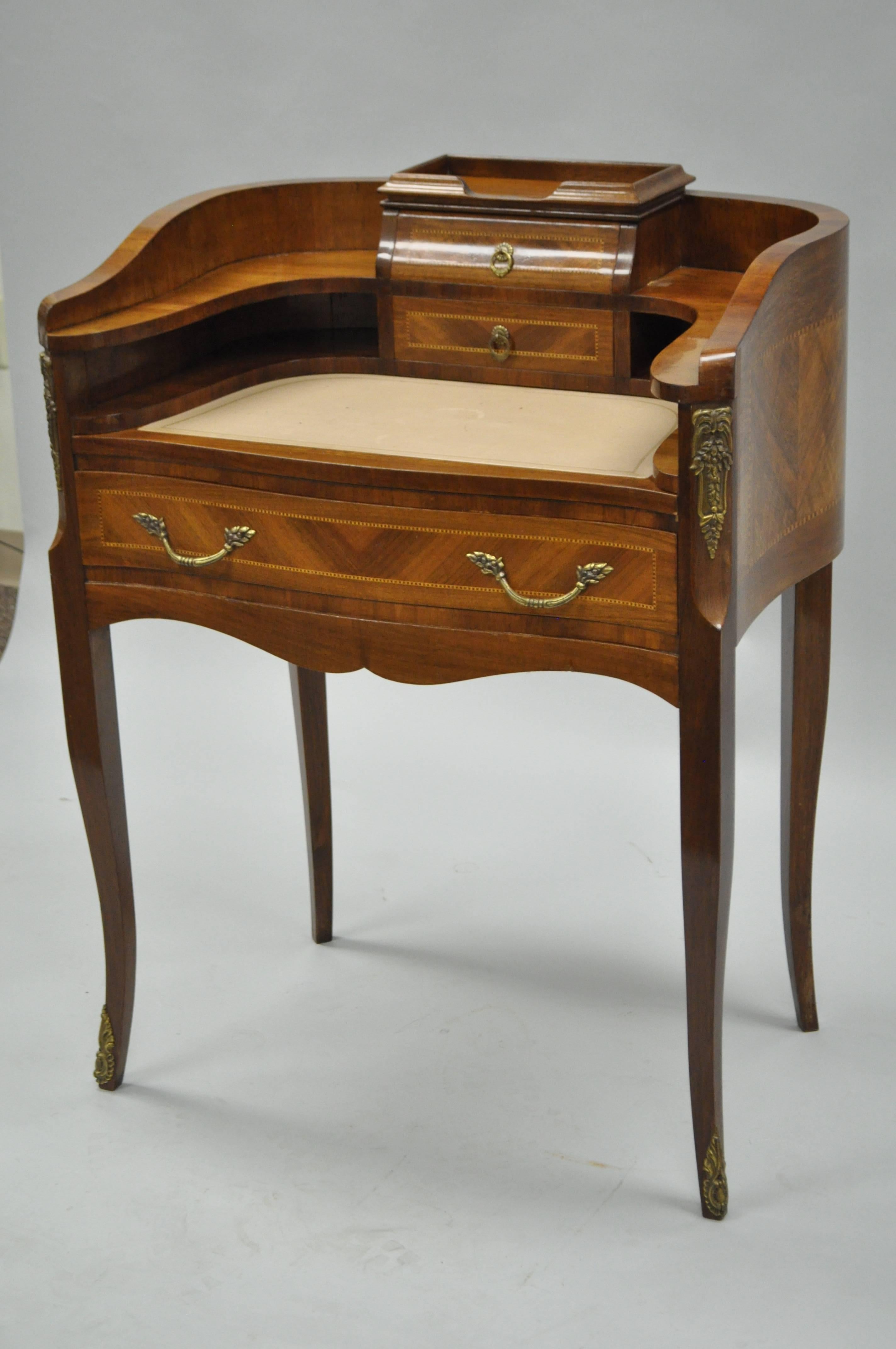 Petite French Louis XV Style Inlaid Demilune Ladies Leather Top Writing Desk 1