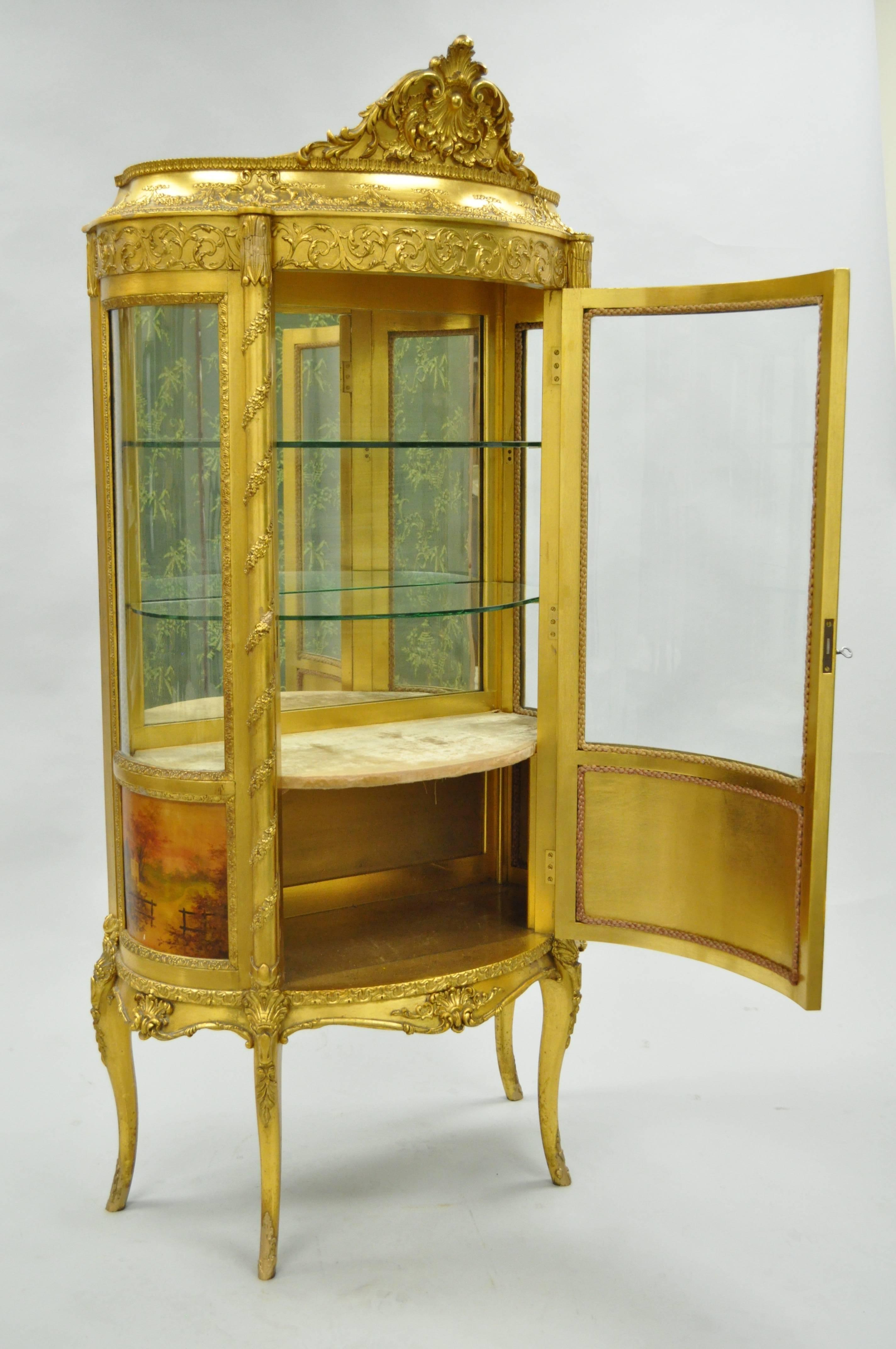 French Louis XV Gold Gilt Wood Vernis Martin Curved Glass Vitrine Curio Cabinet 1