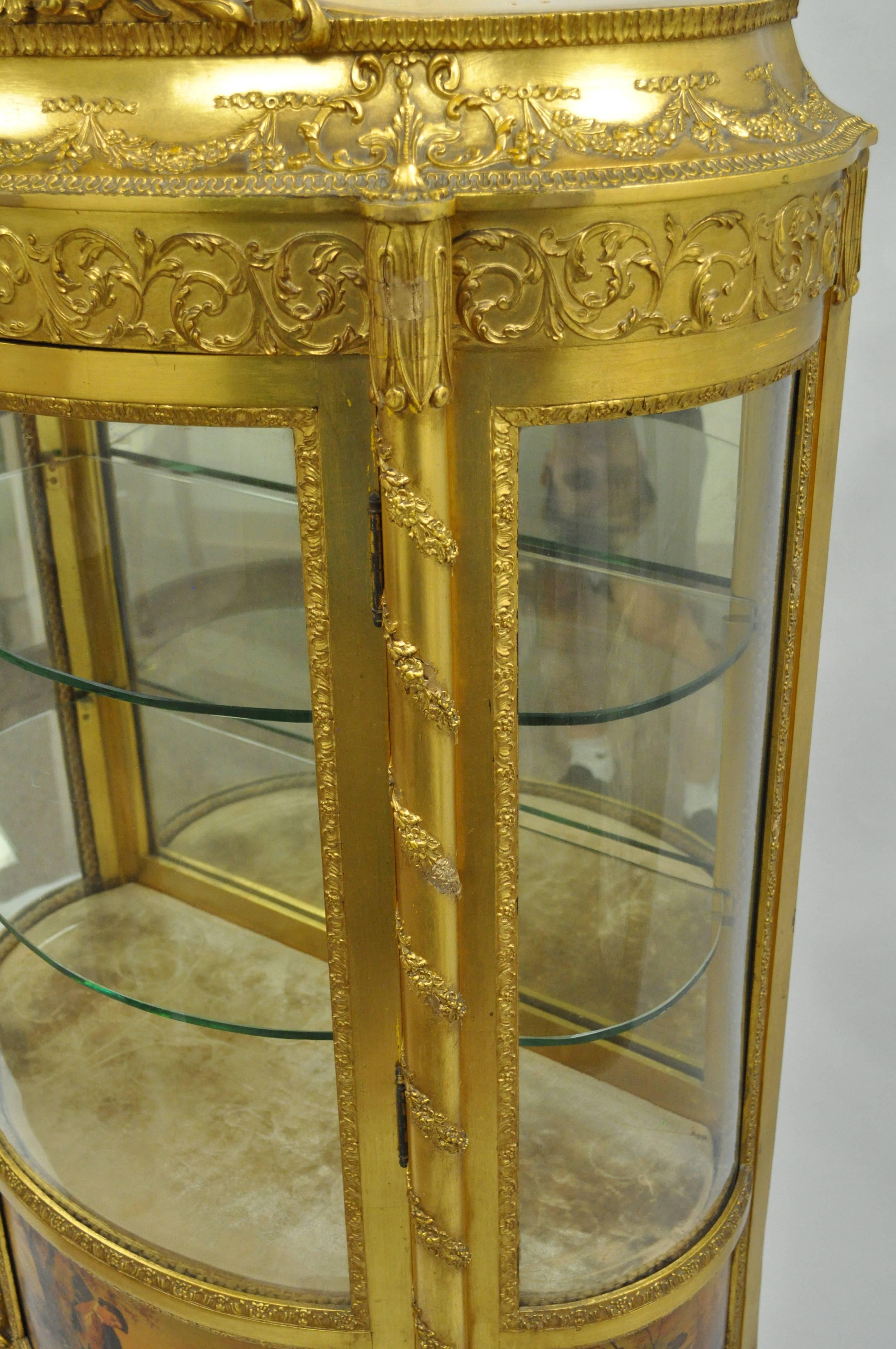 19th Century French Louis XV Gold Gilt Wood Vernis Martin Curved Glass Vitrine Curio Cabinet