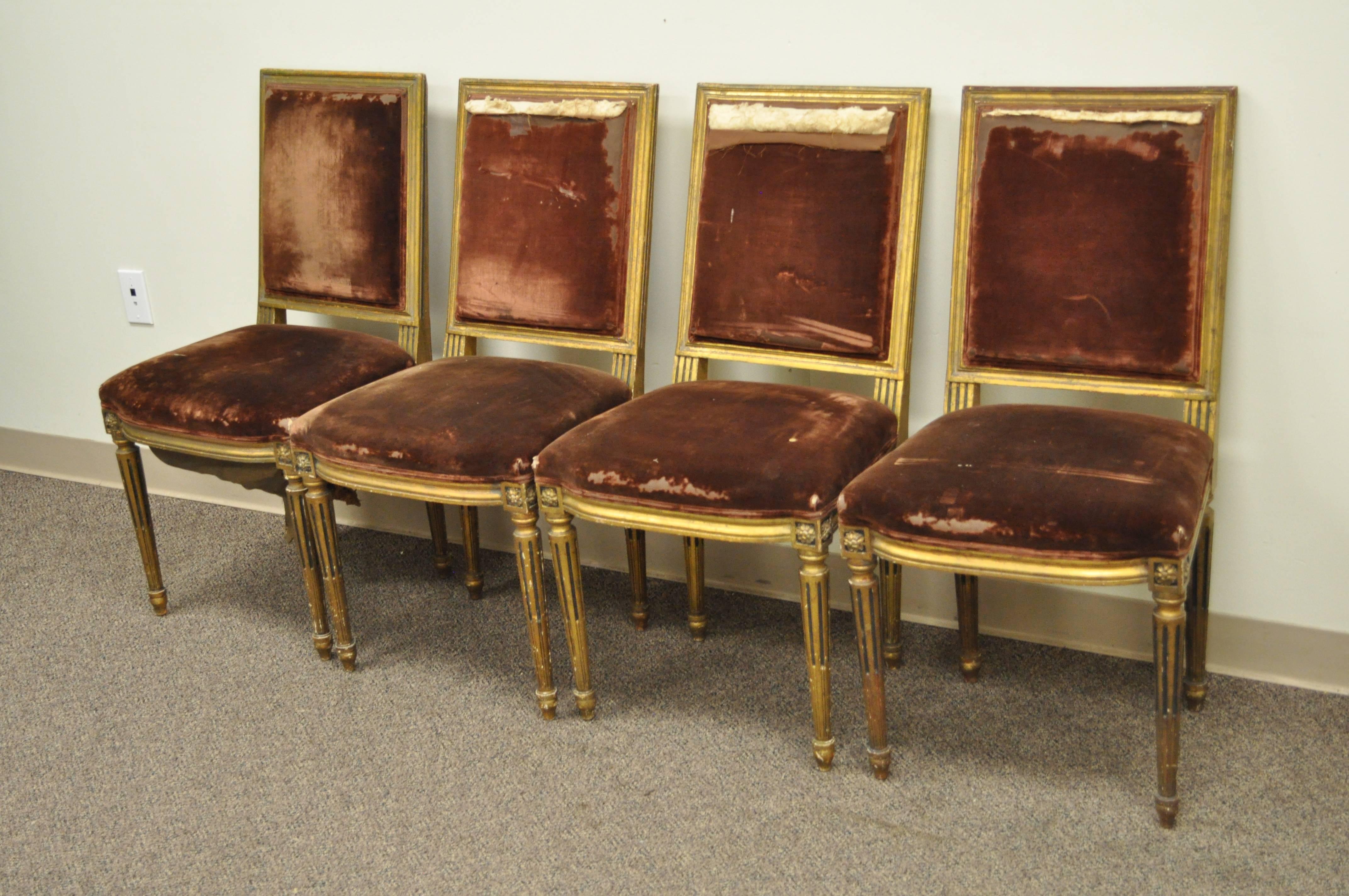 Set of Four Gold Giltwood 19th Century French Louis XVI Style Dining Side Chairs 6