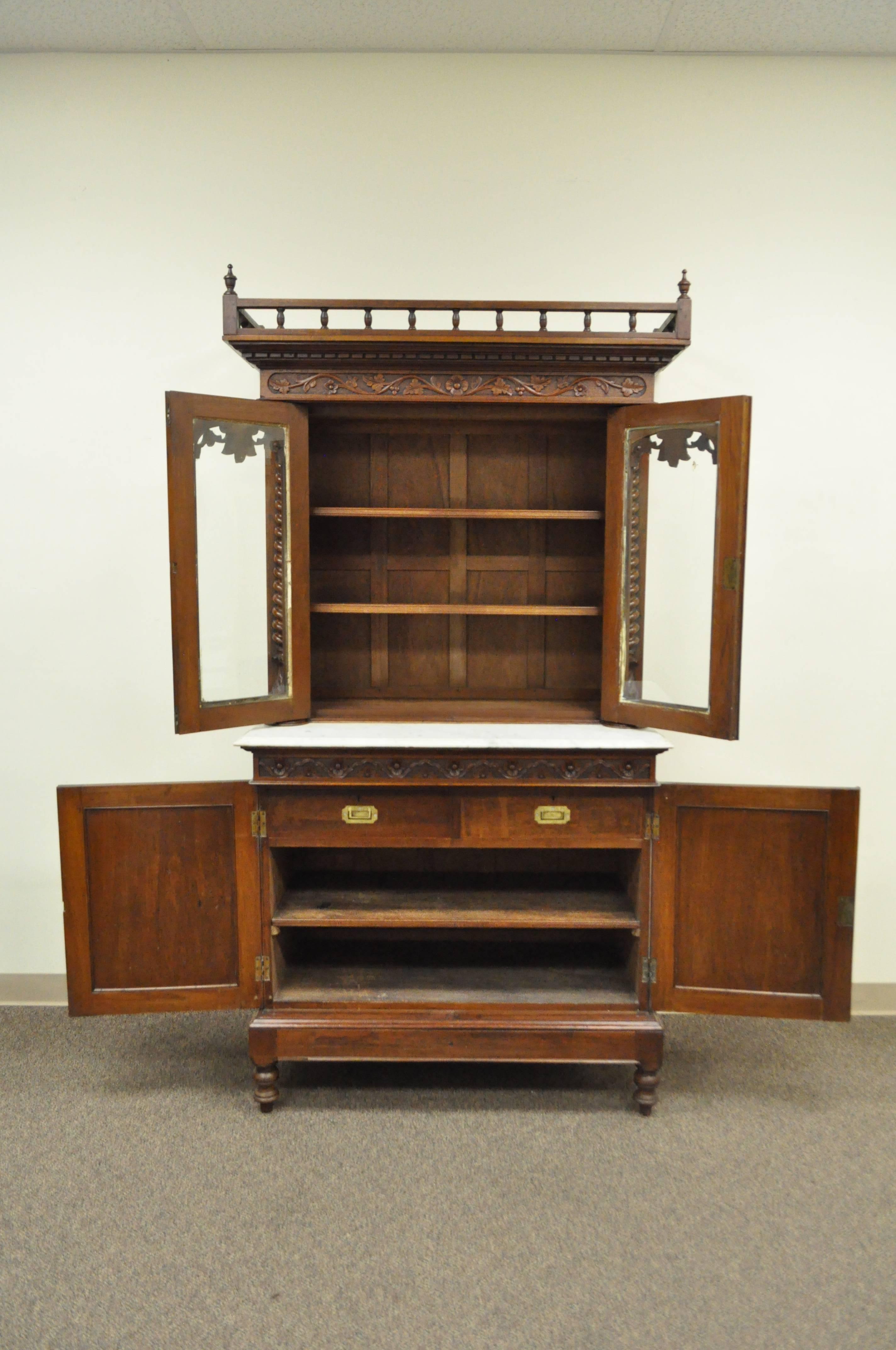 Glass 19th Century French Renaissance Walnut Bookcase Sideboard Buffet Hutch Cabinet For Sale