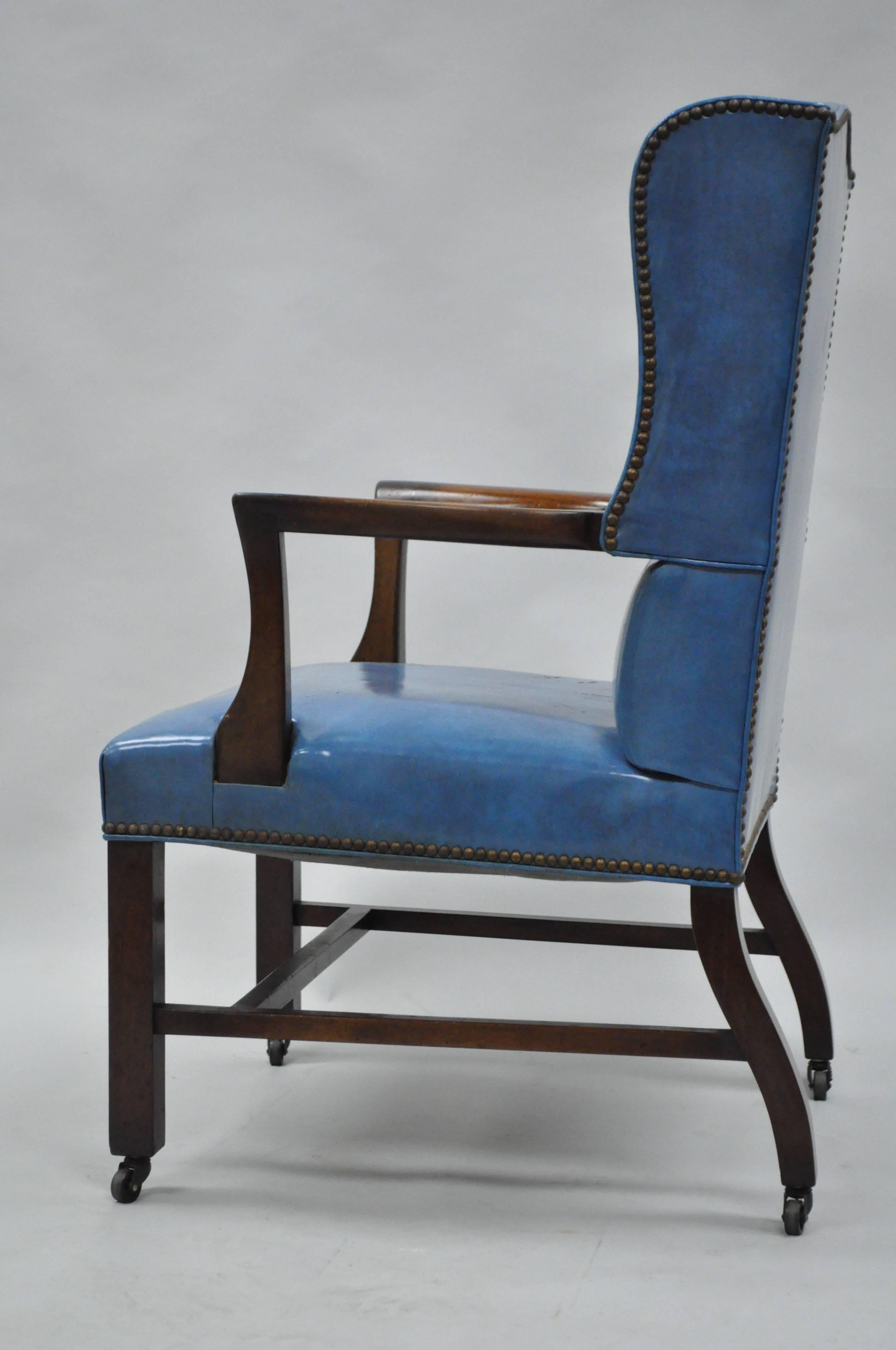 Georgian Blue Leather Mahogany Sloane Office Desk Library Wing Chair After Edward Wormley