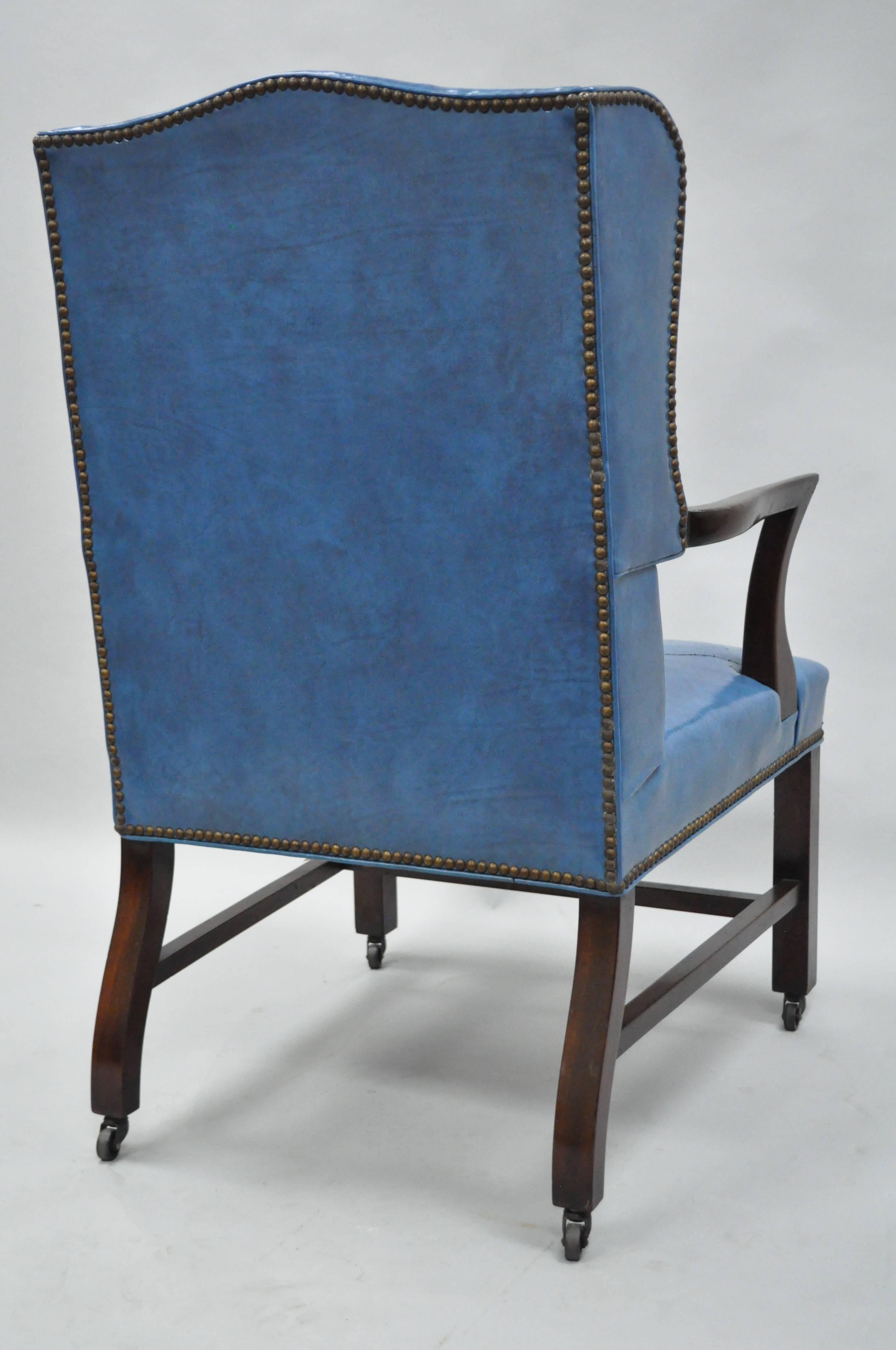 Blue Leather Mahogany Sloane Office Desk Library Wing Chair After Edward Wormley 2