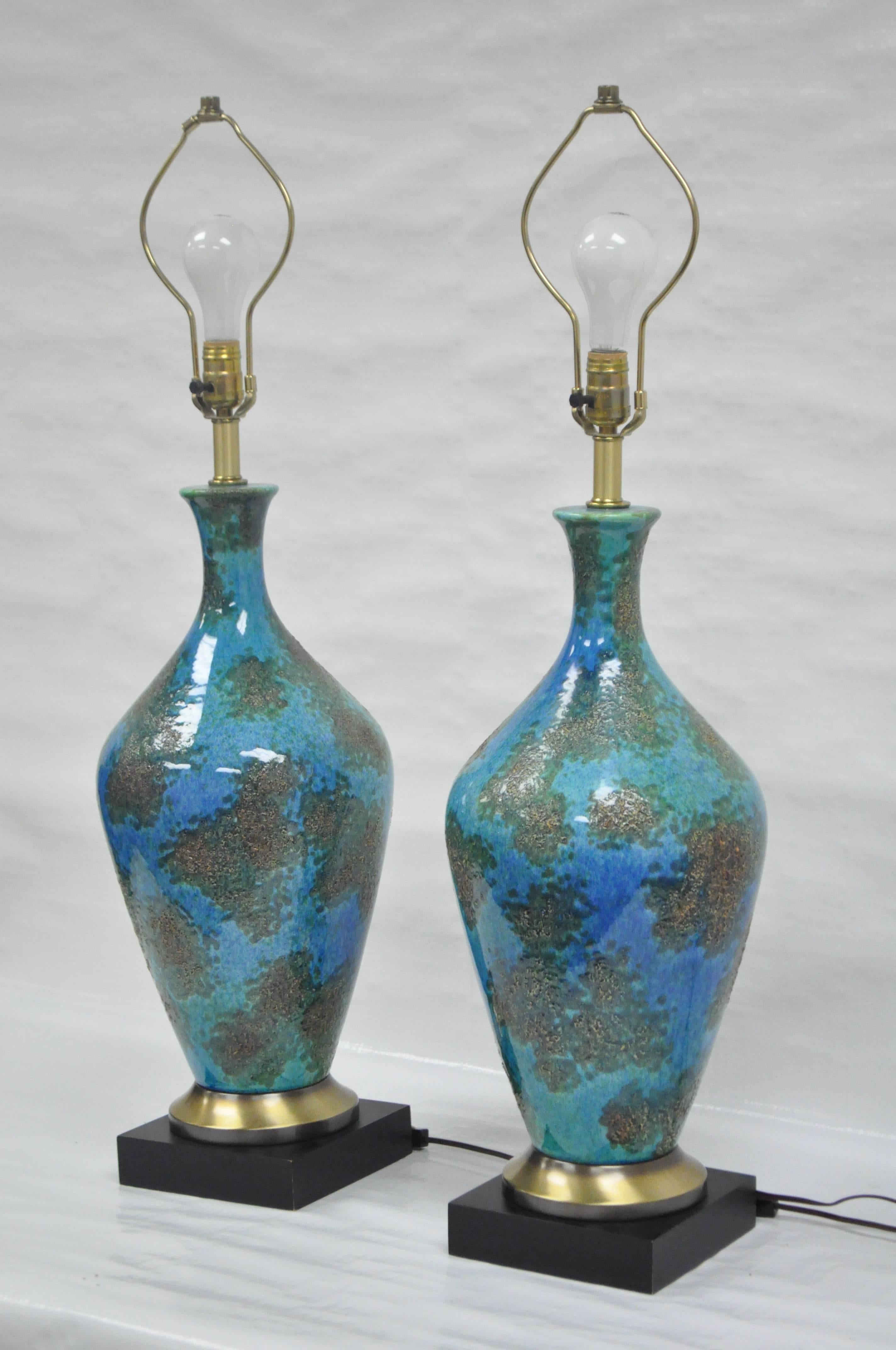 Pair of Mid Century Italian Modern Blue Glazed Ceramic Pottery Table Lamps For Sale 5