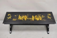 Vintage Chinoiserie Oriental Black Lacquer Gold Gilt Trestle Bench Coffee Table